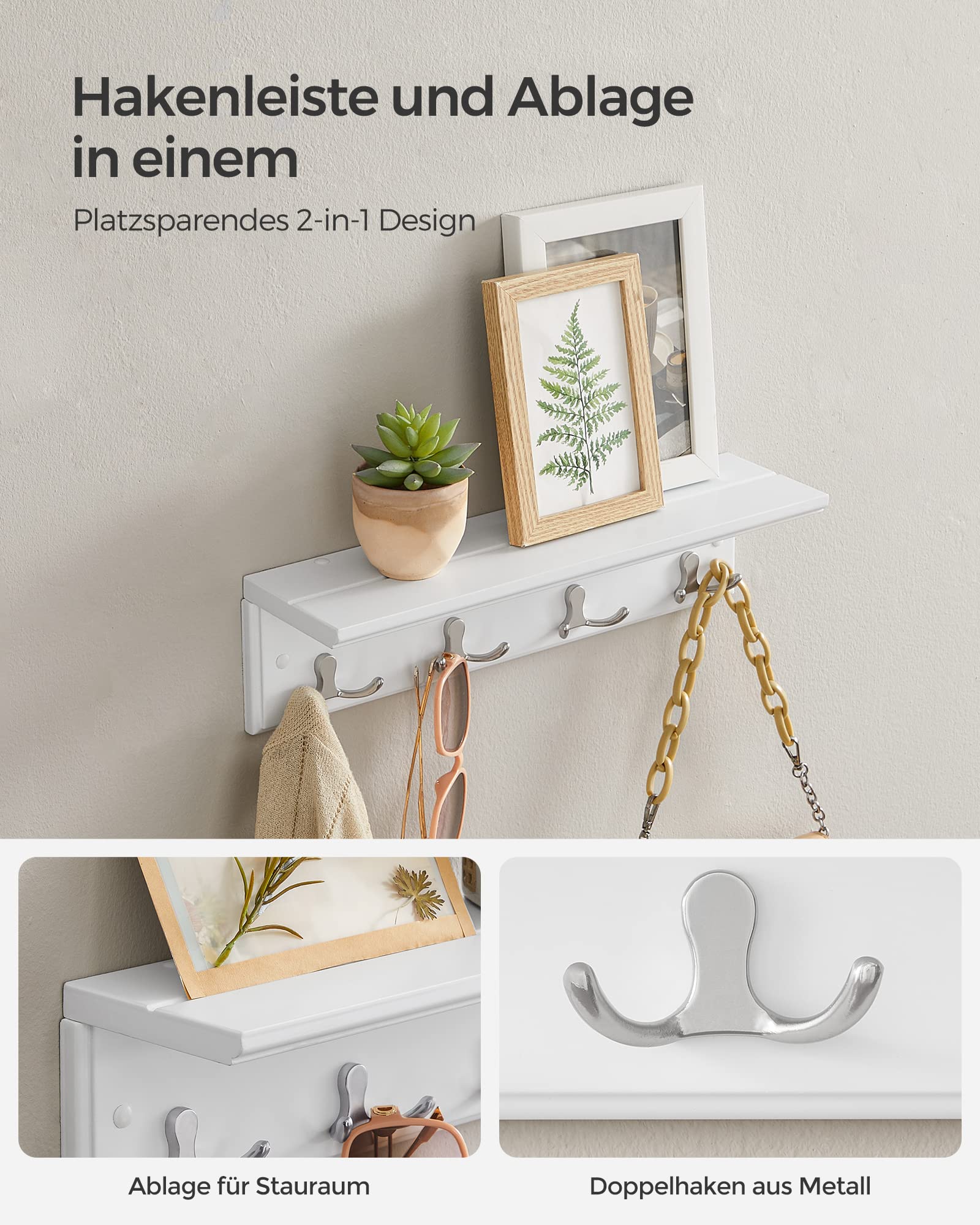 SONGMICS Wandgarderobe mit Ablage, Flurgarderobe, Garderobe für Wand, Garderobenleiste mit 4 Doppelhaken aus Metall, für Mäntel, Taschen, für Flur, Schlafzimmer, Wohnzimmer, weiß LHR42WT