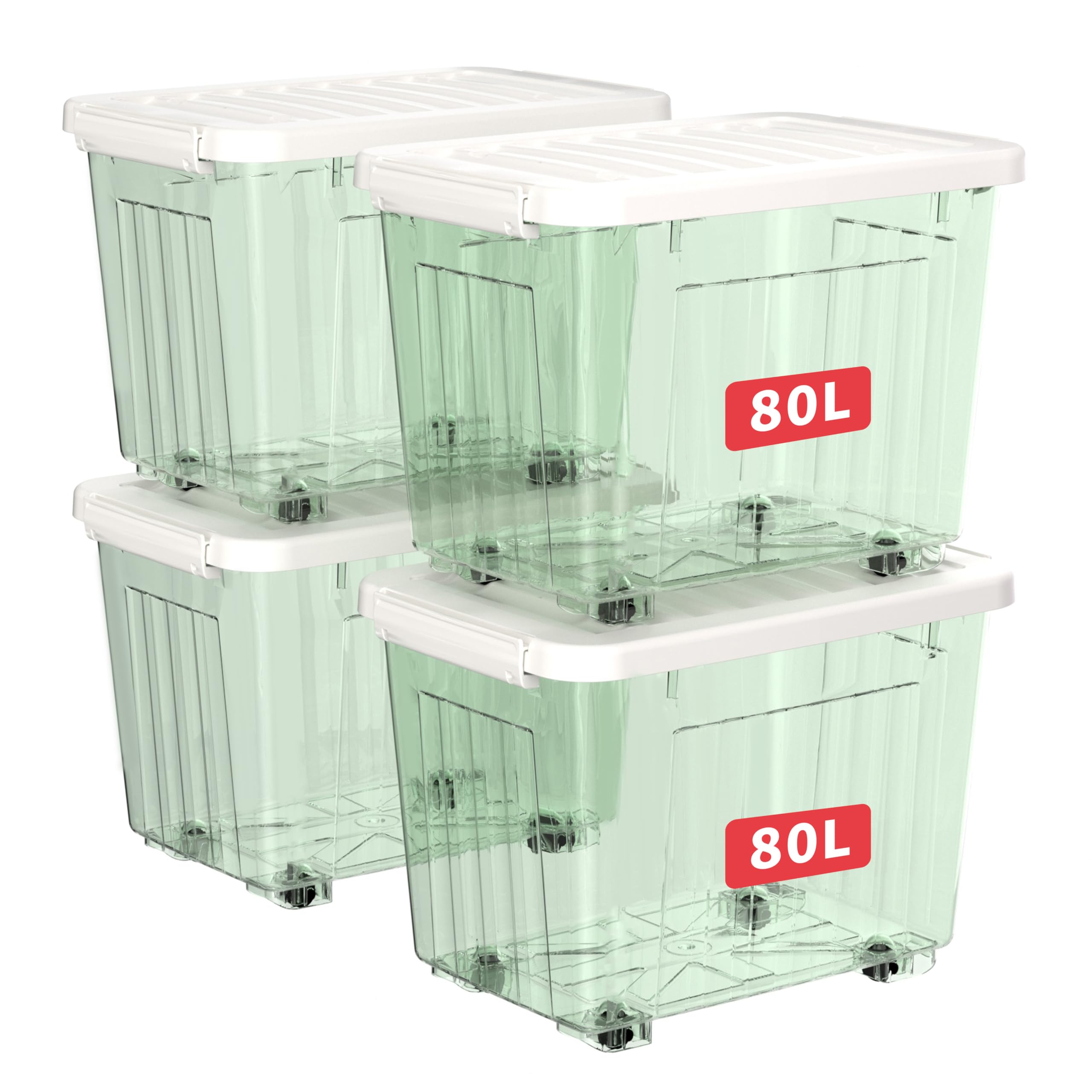 Cetomo 80L*4 Cajas de Almacenamiento con Tapas, Contenedores de Plástico con Ruedas, Clip On, Apilables, Encajables, Organizador Rayado para Oficina en Casa, Verde Claro, 80L-4 Pack