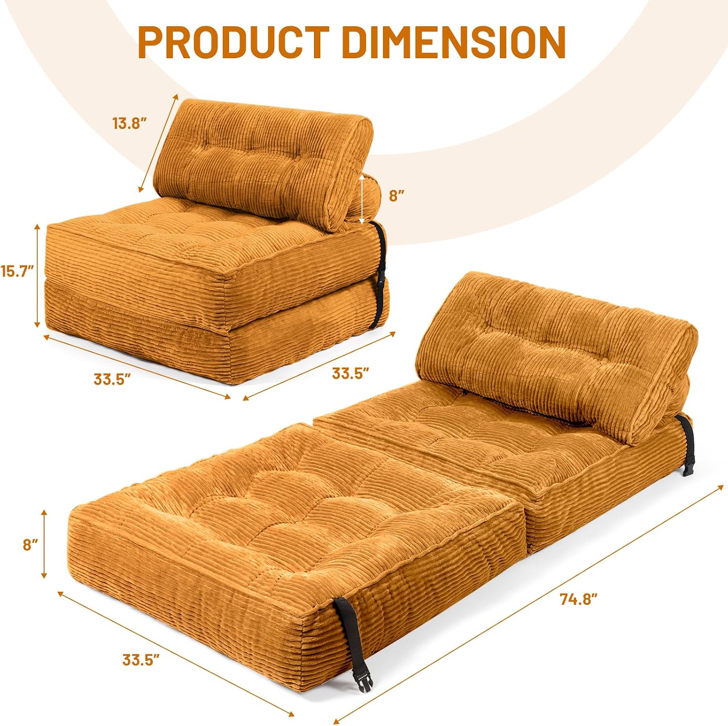 Folding Sofa Bed, Convertible Sleeper Chair Bed with Pillows, Fold Out Chair Bed Comfy Floor Sofa for Small Spaces, All-in-One for Living Room, Bedroom, Apartment Use(Orange)