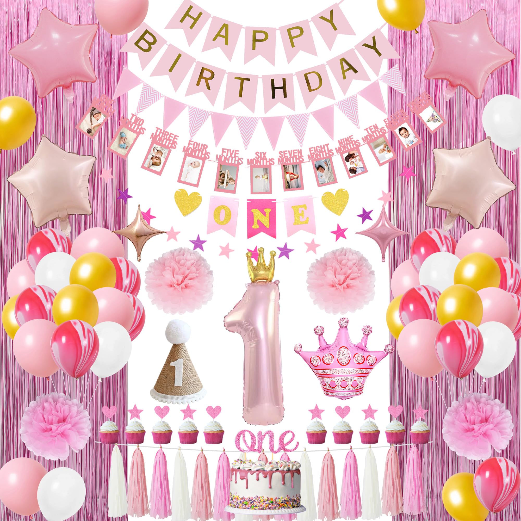 1st Birthday Decorations for Girls - Pink First Birthday Decorations Include High Chair Banner Pennant Star Garland Tassels Balloons Suitable for Kids and Baby Girls 1st Birthday Party Decorations