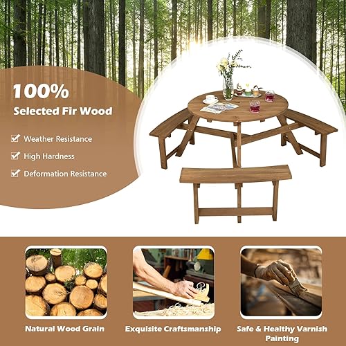 Miniatura 6 de Tangkula Mesa de picnic de madera para 6 personas, mesa redonda de picnic al aire libre con 3 bancos integrados, agujero para paraguas de 1.5
