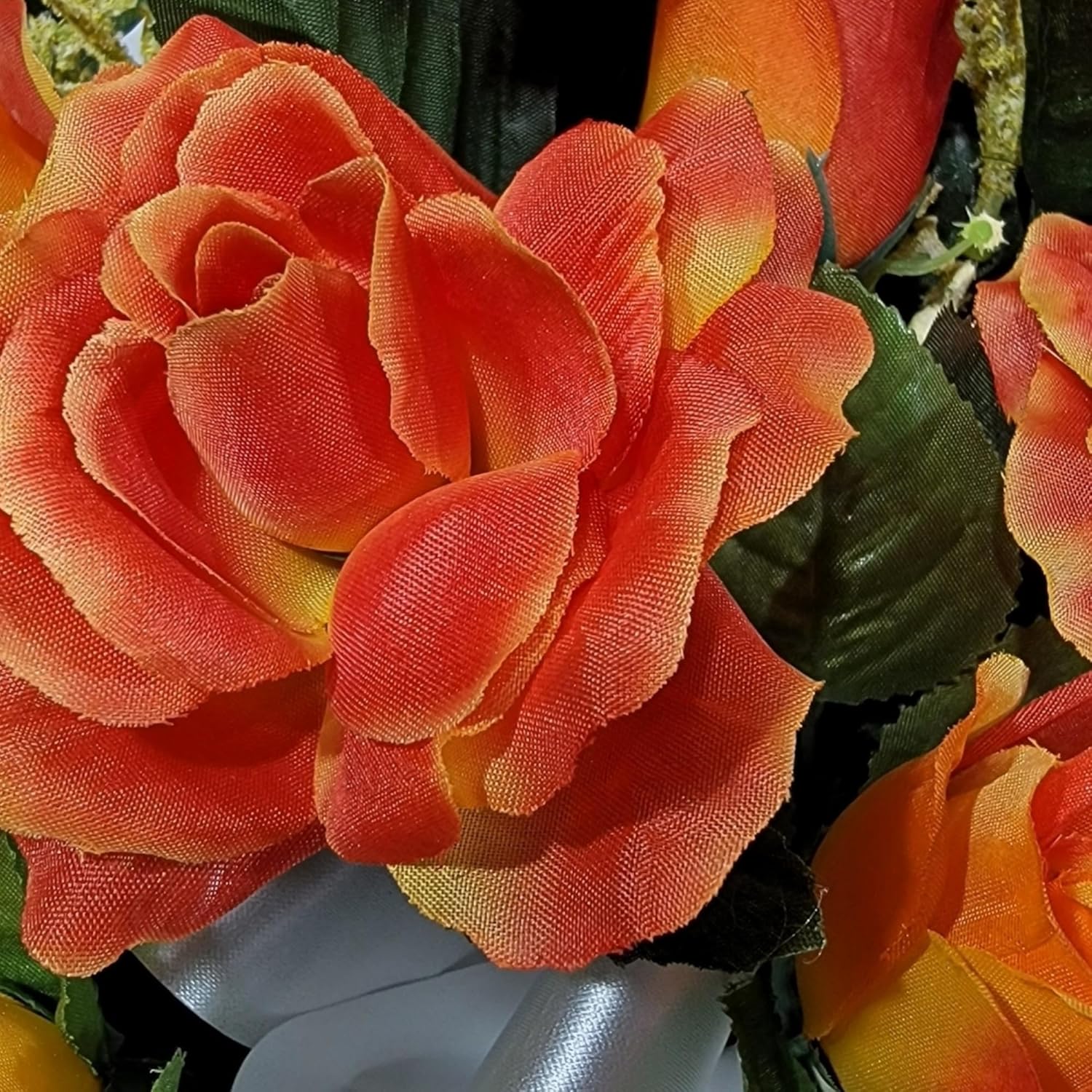 Realistic Artificial Cemetery Flowers - Silk Faux Floral Orange Rose and Calla Lily - Bouquet Pair for Grave - Headstone Saddle - 3 Memorial Decorations