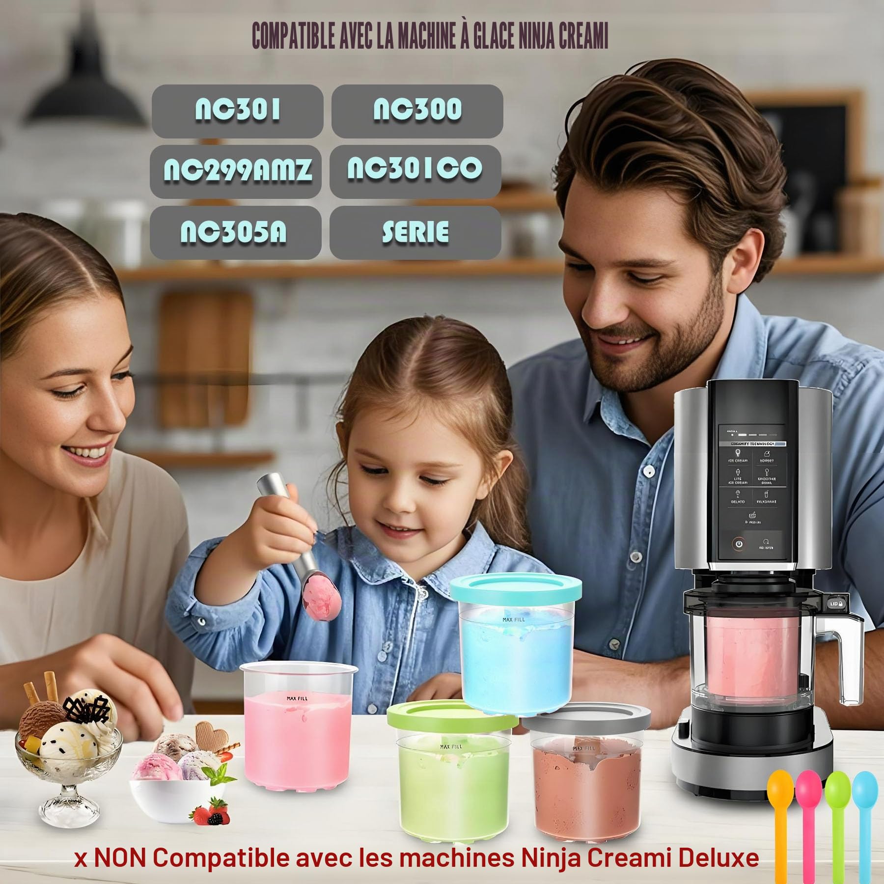 4 Pièces Bacs à Crème Glacée Ninja Creami,Accessoires Pour Machines à Glace Pour la Série NC301 NC300 NC299AMZ, Sans BPA, Accessoires pour Ninja Ice Creami Maker Et Lavables Au Lave-Vaisselle