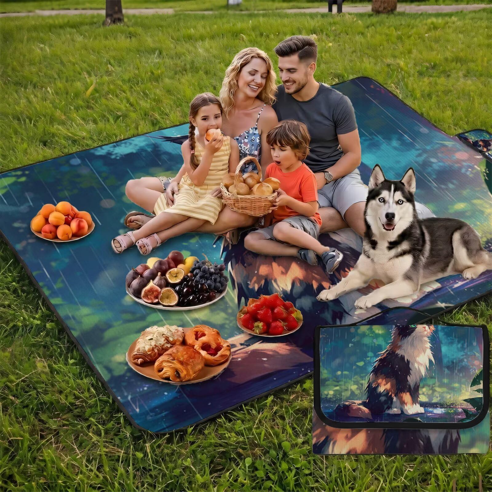 Couverture Pique Nique Grande 200x300cm,Outdoor Couverture Imperméable,Pliable Tapis de Plage Dos en PVC,Picnic Blanket pour Camping Accessoires,Jardin,Parc,Famille - Les chats sont mignons (9) UZ-646