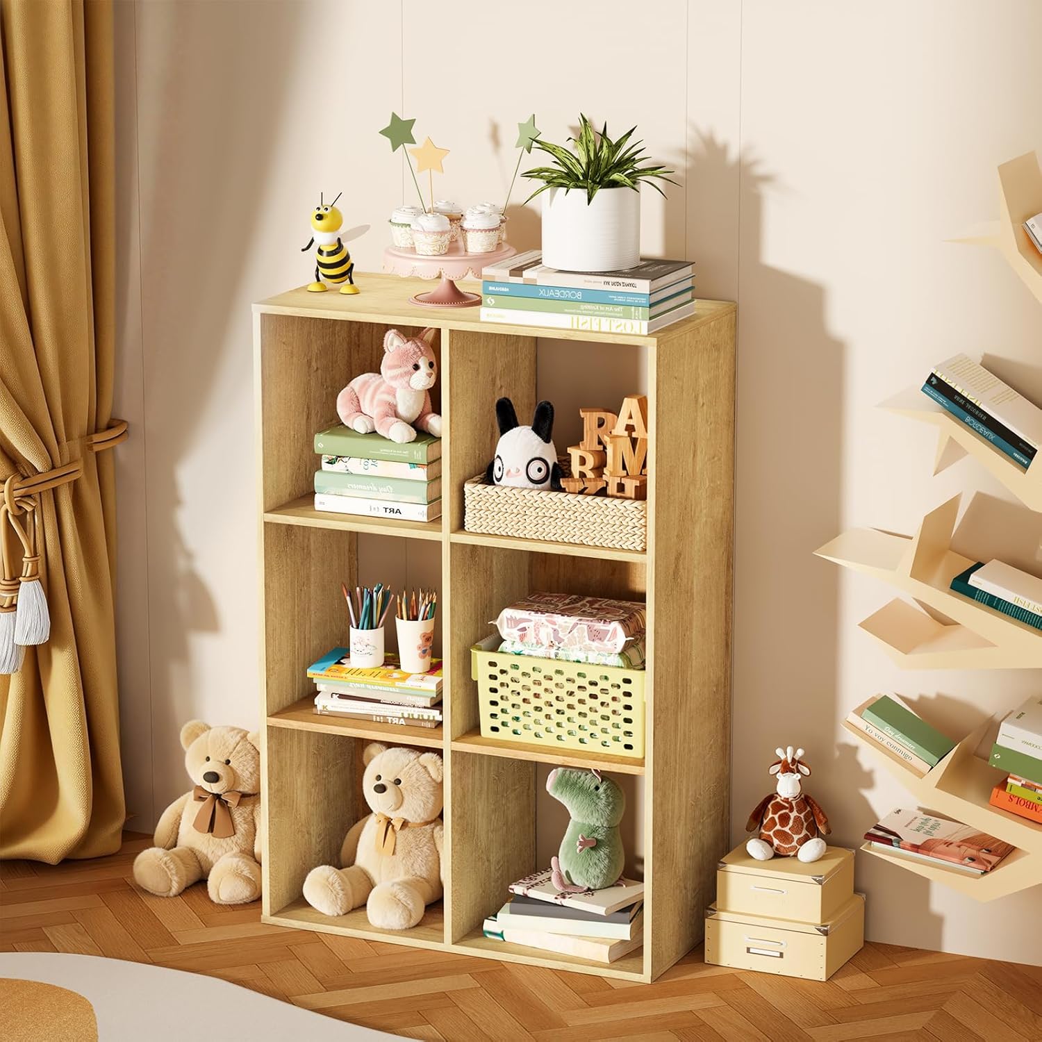 6 Cube Storage Organizer, Open Bookshelf Storage Cubes Shelf with Back Panel, Wooden Display Shelf Bookcase Standing Shelves for Living Room, Bedroom, Home Office (Oak, 6-Cube)