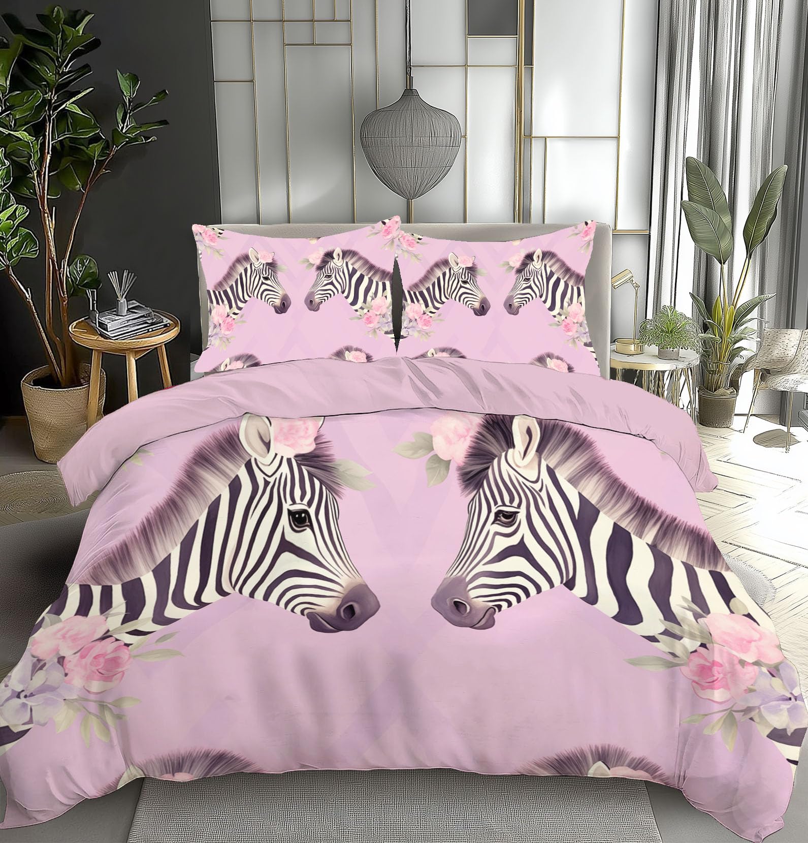 Housse de Couette 200x200cm Rose Violet Imprimé Zèbre Fleurs en Tissu Confortable