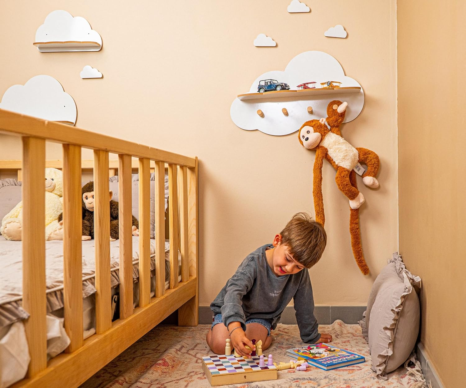 Wooden Cloud Wall Shelf with 4 Hooks, Kids Room Floating Nursery Shelf, Baby Room Decor, Montessori Storage Organizer, Toddler Clothes Hanger, White Natural Wood 23.6"
