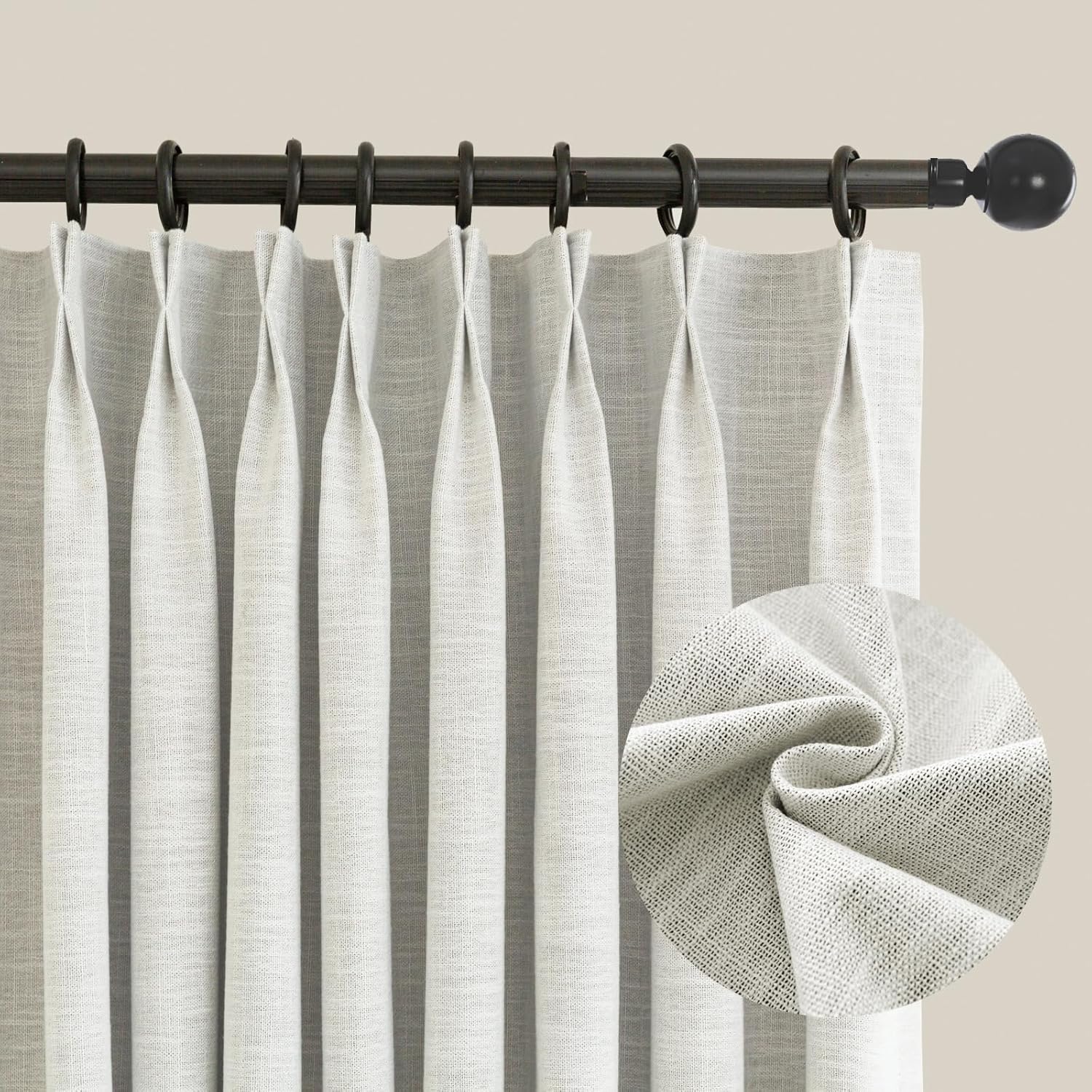 LETAU Linen Texture Off White Curtains 120 inches, 100 Blackout Privacy Pencil