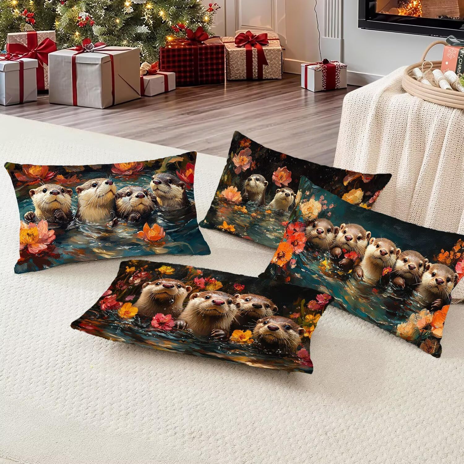Juego de 4 Rectangular Funda de Cojines Exterior Impermeable Fundas de Almohada Sofa Cojines Terciopelo Decorativos Nutria marina Patrón Decorativos Moderna para Jardín Sofá Silla 40x80cm y-245