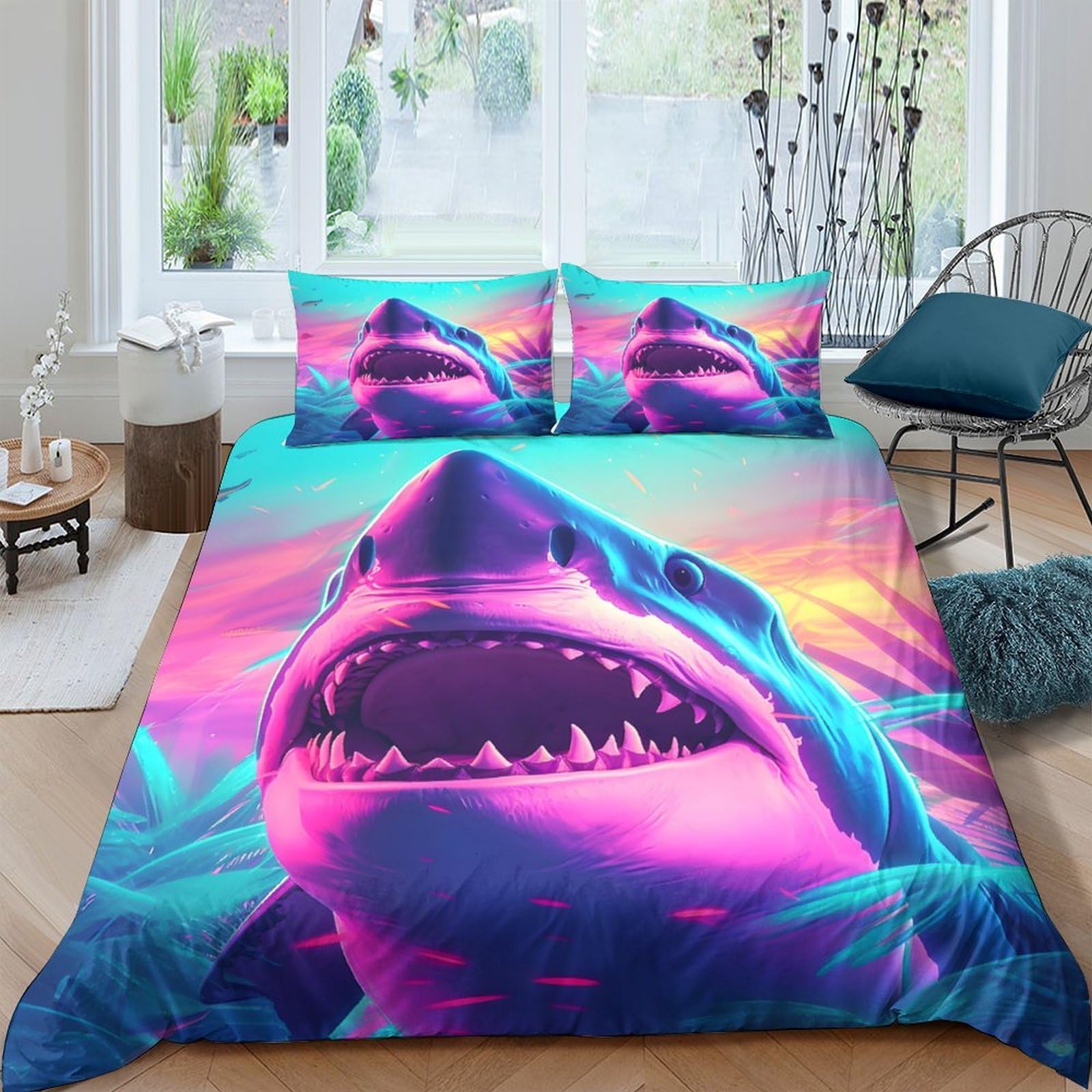 Ctjqhvkz Style-8 3D Printed Neon Shark Fitted Sheet Microfiber Soft Breathable Ocean Wave Mattress Cover For Bedroom Dorm Decor Single（135X200cm）
