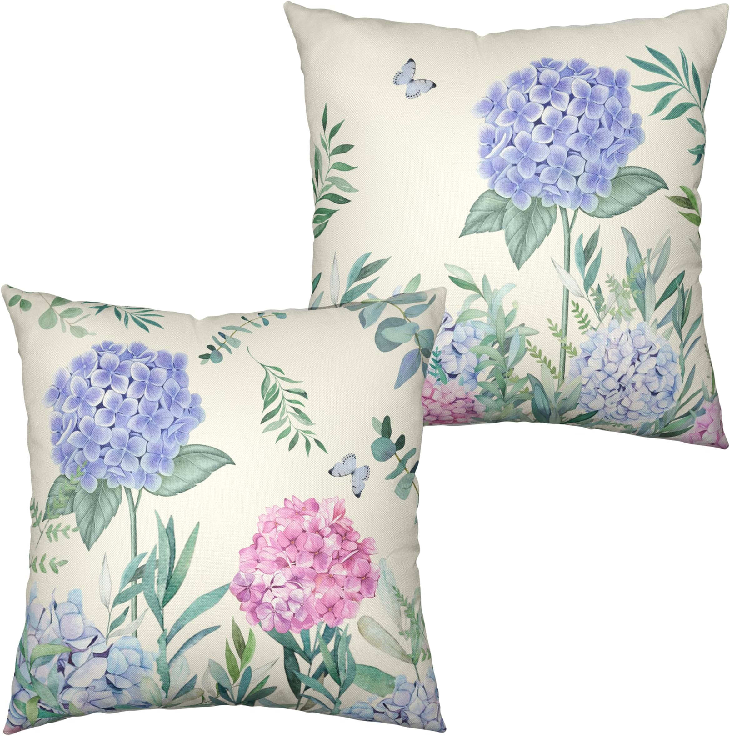 Spring Summer Flower Decorative Pillow Covers Pink and Blue Hydrangea Pillow Case 16x16 Floral Butterfly Cotton Linen Square Cushion Case for Sofa Patio Car 2 Pack