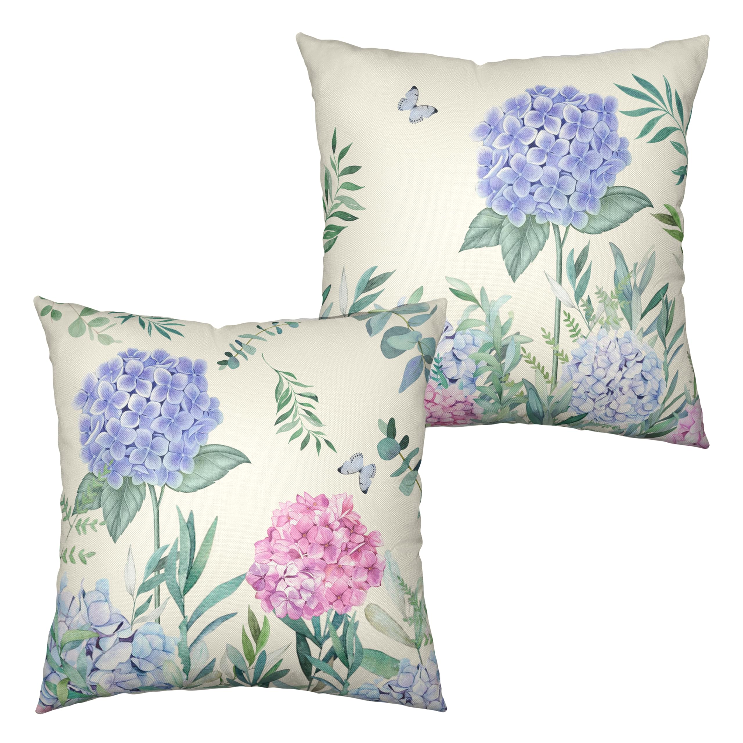 Spring Summer Flower Decorative Pillow Covers Pink and Blue Hydrangea Pillow Case 16x16 Floral Butterfly Cotton Linen Square Cushion Case for Sofa Patio Car 2 Pack