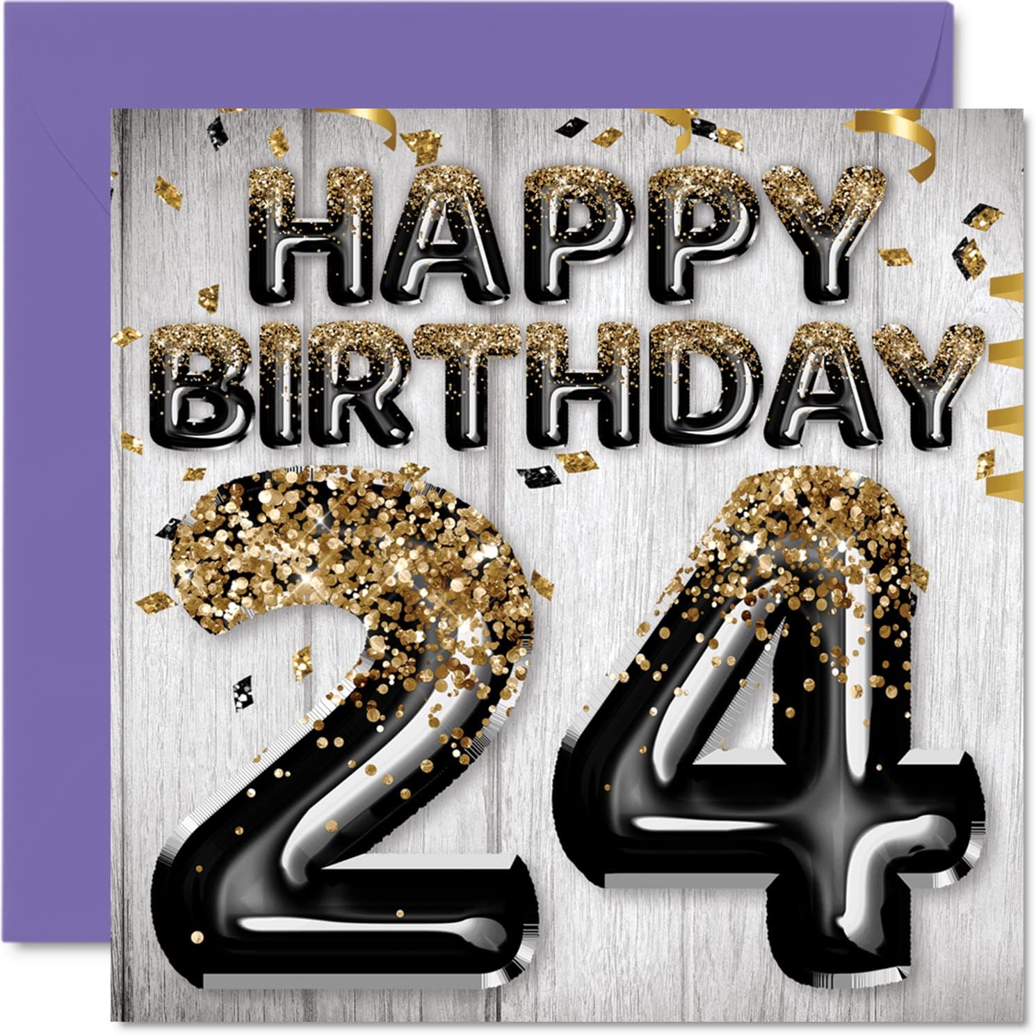 24th Birthday Card for Men - Black & Gold Glitter Balloons - Happy Birthday Cards for 24 Year Old Man Son Brother Uncle Cousin, 145mm Greeting Cards Gift