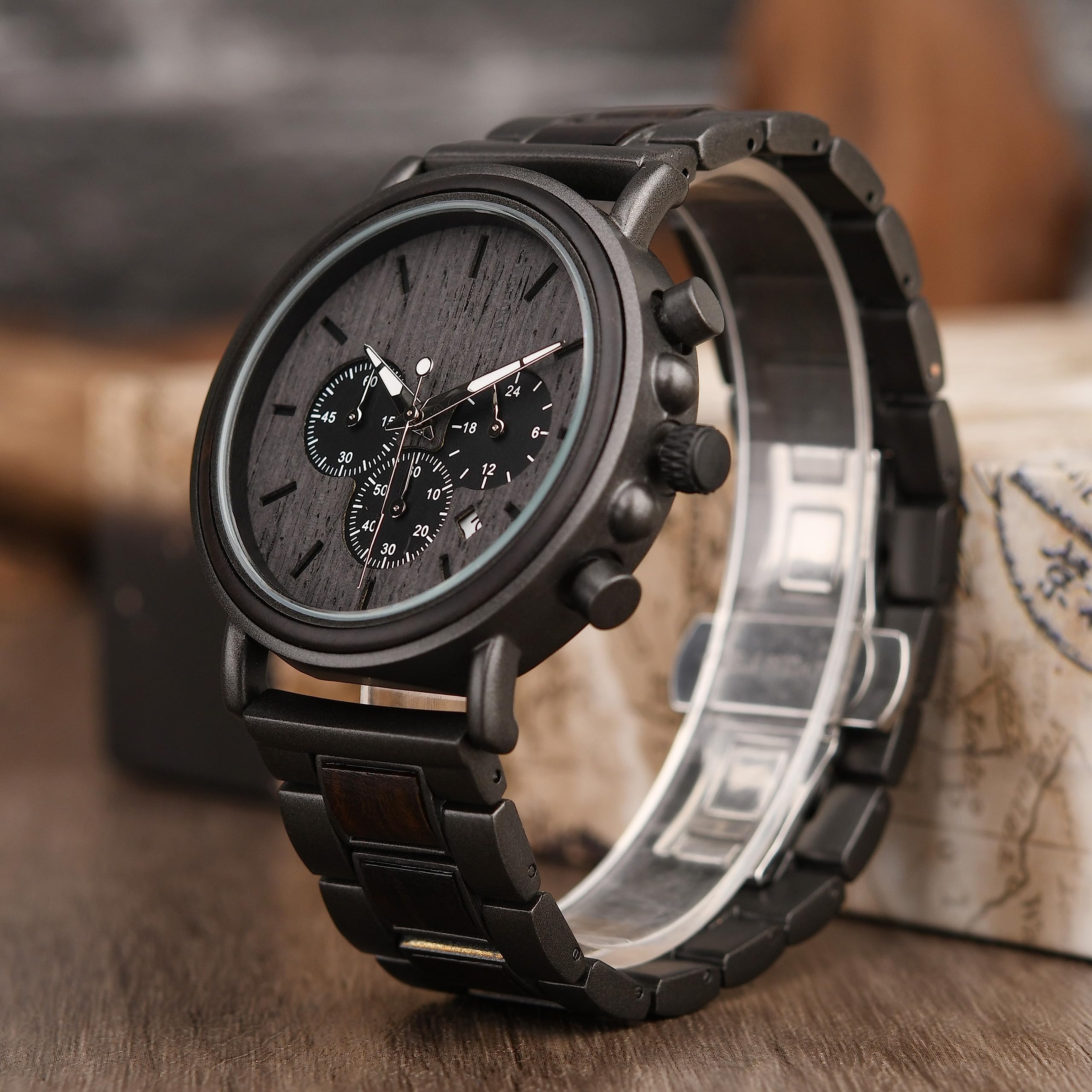 Personalisierte Herren-Holzuhr mit Gravur, Geburtstag, Jubiläum oder zu Weihnachten, Chronograph, Datumsanzeige und Leuchtzeigern