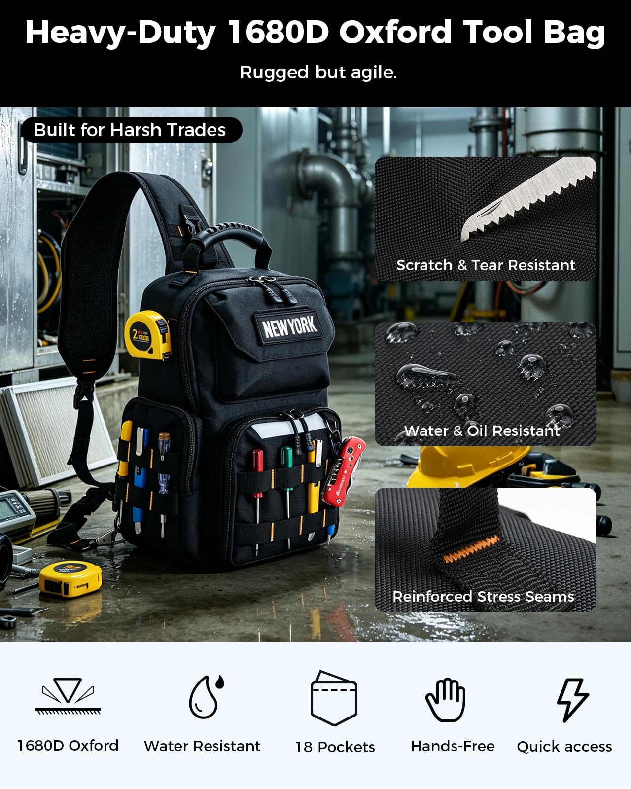 Sac à outils tactique de poitrine avec sangle, Noir