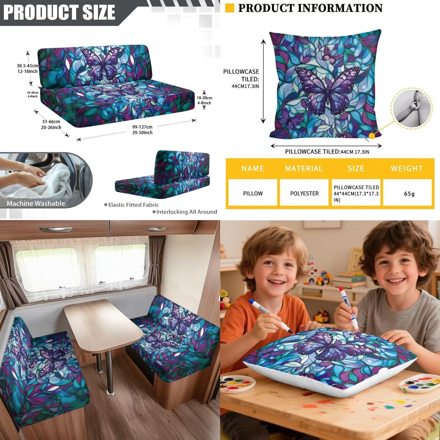 Butterfly Stained Glass Print 6 Pcs RV Dinette Cushion Covers Replacement Washable Stretch Slipcover Set for Camper RV Trailer, 2 Pillowcases, 2 Backrest and 2 Bench Covers