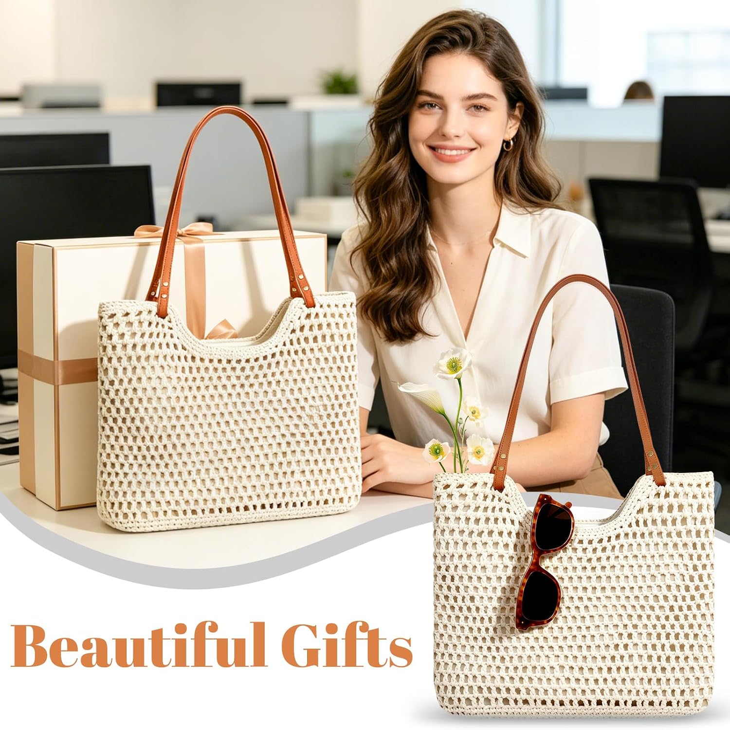 Crochet Beach Tote Bag Straw Beach Bag with Zipper Leather Strap Summer Beach bags for Women Large Shoulder Handbags