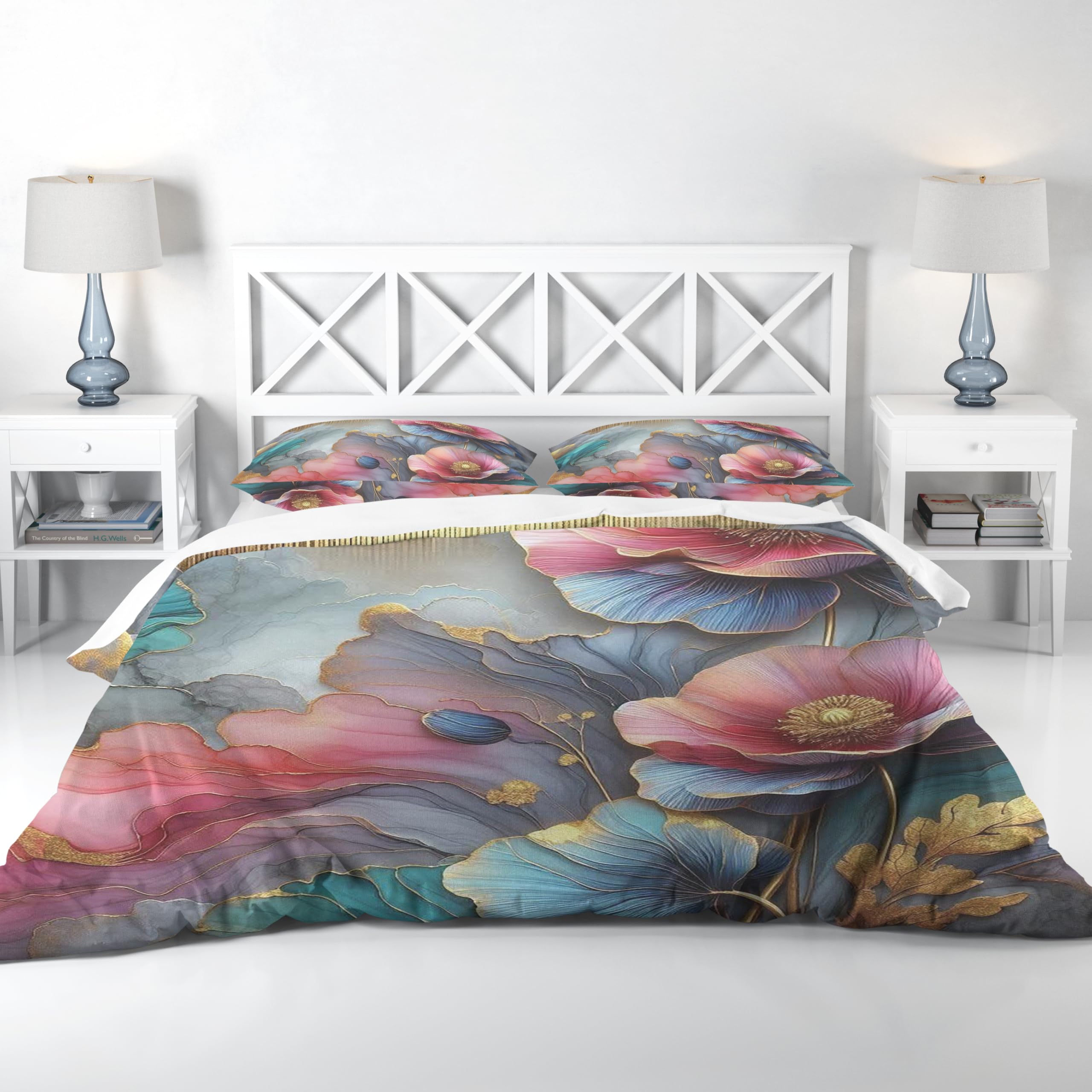 Adam Home 3D Floral Duvet Cover Set With Pillowcases Home Bedroom Décor Digital Printed Microfiber Super King Bedding Set Made in UK|Pink and Teal Floral