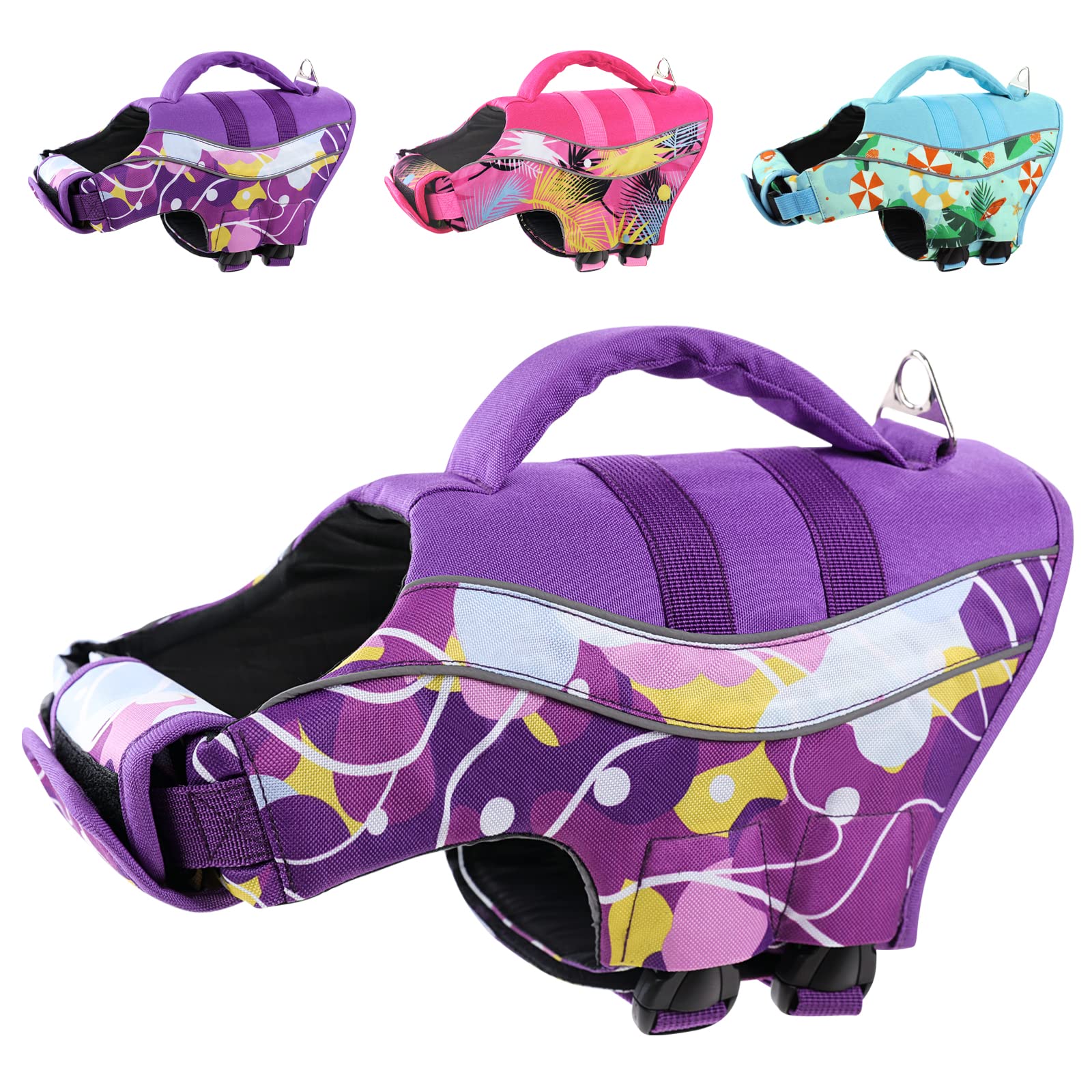 CITÉTOILE Chaleco Flotador Perro Pequeño, Chaleco Salvavidas Perro Ajustable, Salvavidas Flotador Perro con Asa y Reflectante, Dog life Jacket Vest Chaleco Agua Perro Ligero y Transpirable, Morado, XL