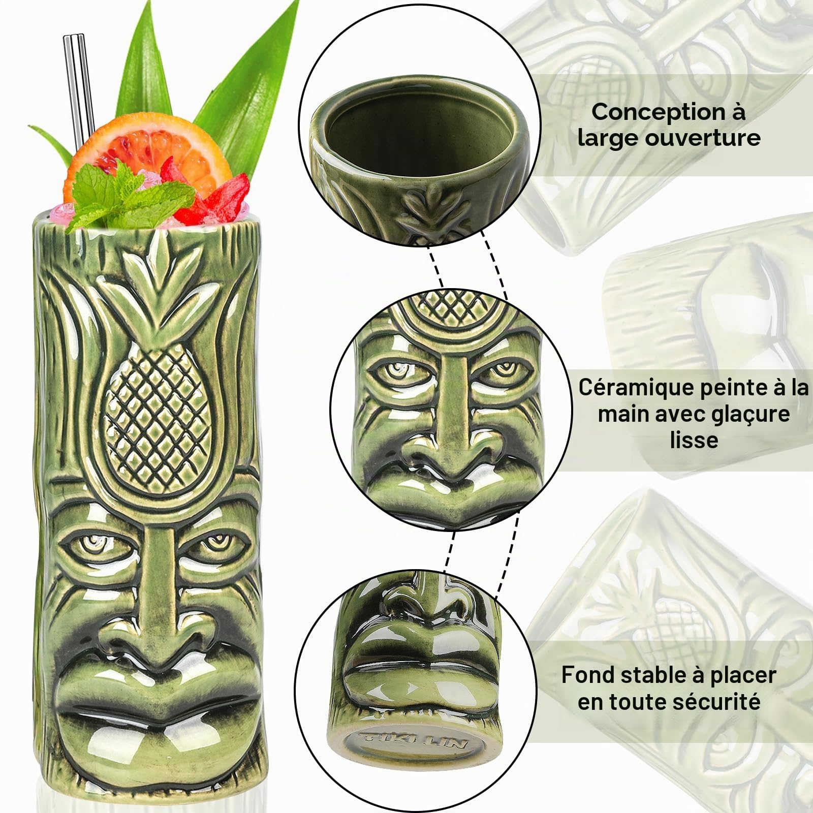 SuproBarware Lot de 4 Tasses Tiki en Céramique, Verres à Cocktail Exotiques avec Pailles, Gobelets pour Fête Hawaïenne Mai Tai Pina Colada, Accessoires de Bar Professionnel