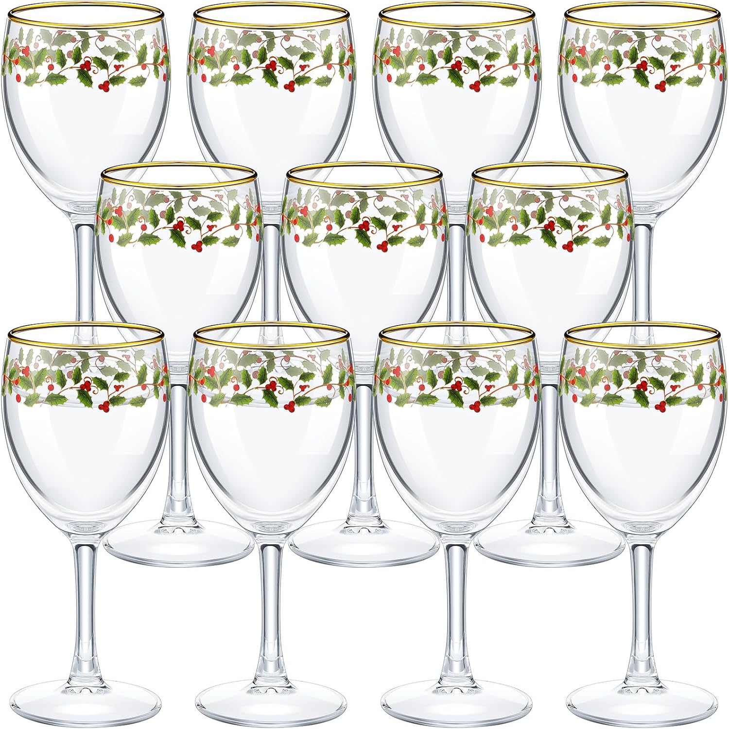 Nitial 12 Pcs Christmas Wine Glasses Set with Stem Holly Holiday Wine Goblets Cups Glassware for Wine Water Champagne for Xmas New Years Eve Parties Wedding Decorative Gifts
