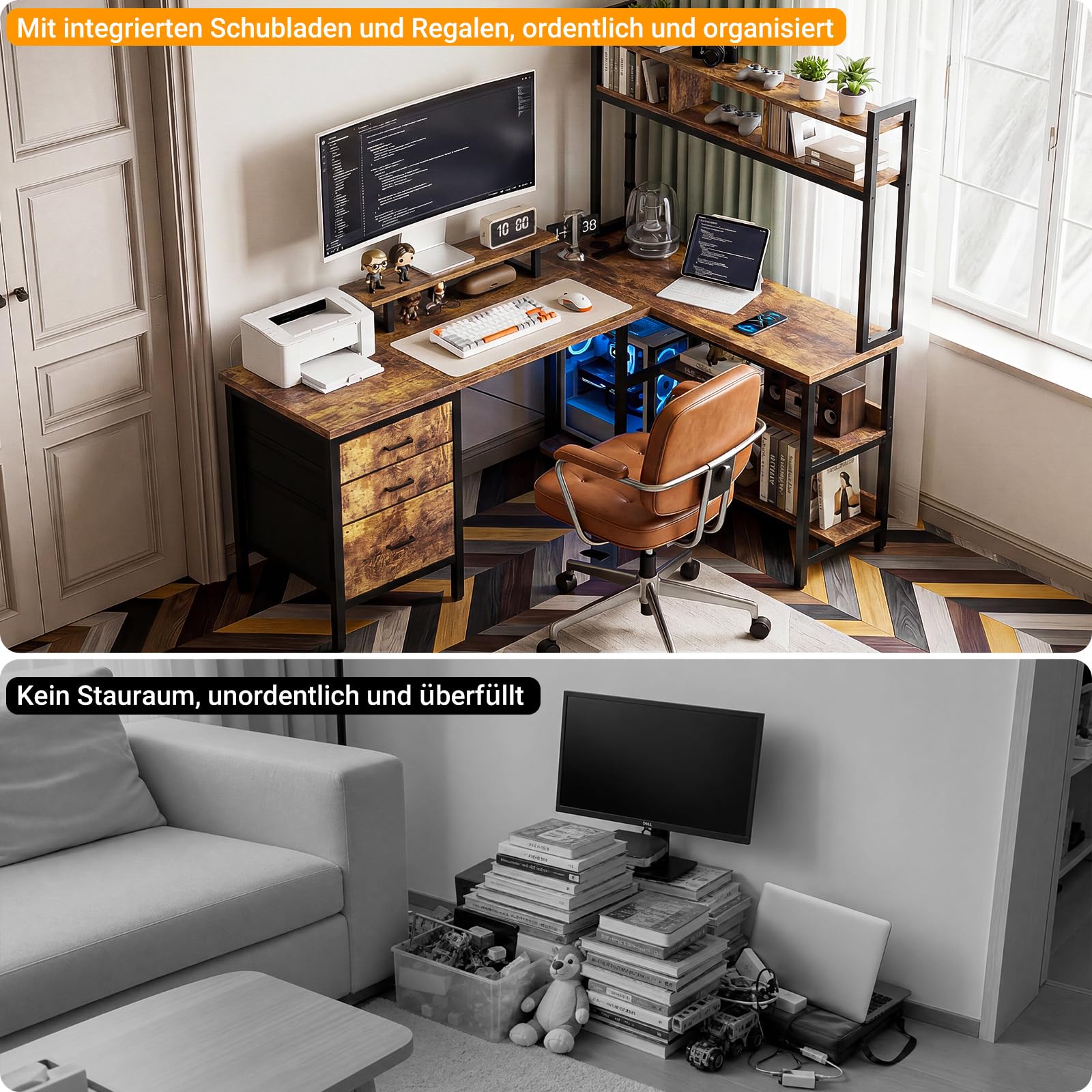 Homieasy 150cm L-Form Eckschreibtisch, Schublade & LED, Rustikales Braun | Steckdosen, USB & Type-C, Monitorständer & A4 Ablage, Reversibel, Platzsparend, Metallgestell, MDF
