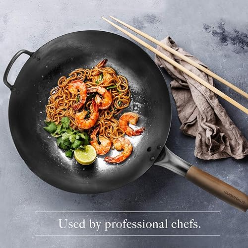 Miniatura 4 de Mammafong Wok de fondo redondo con tapa, juego de wok martillado a mano, wok y wok de acero al carbono de 14"