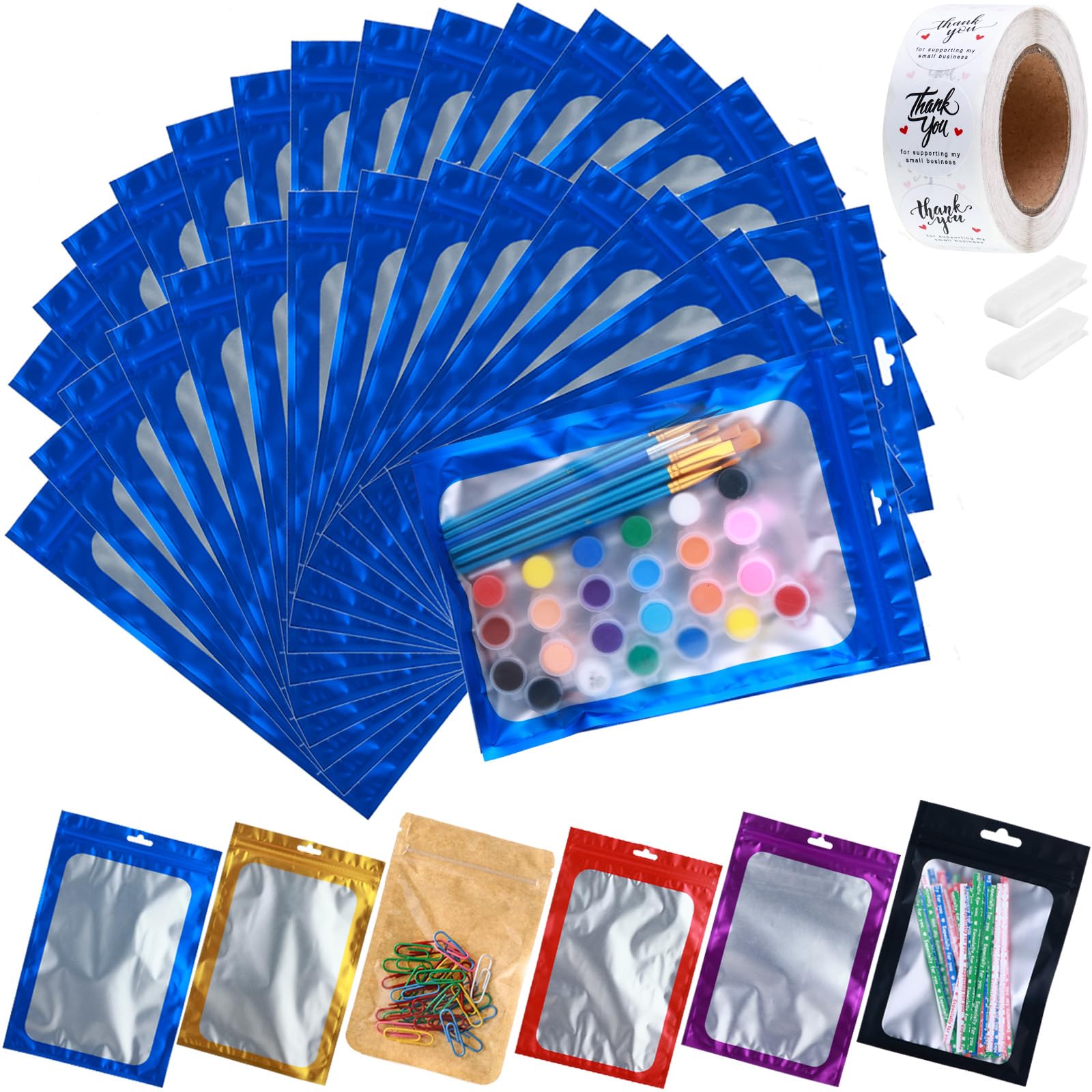 Confezione da 200 sacchetti piccoli in mylar con finestra trasparente 12,7 x 20,3 cm, blu opaco
