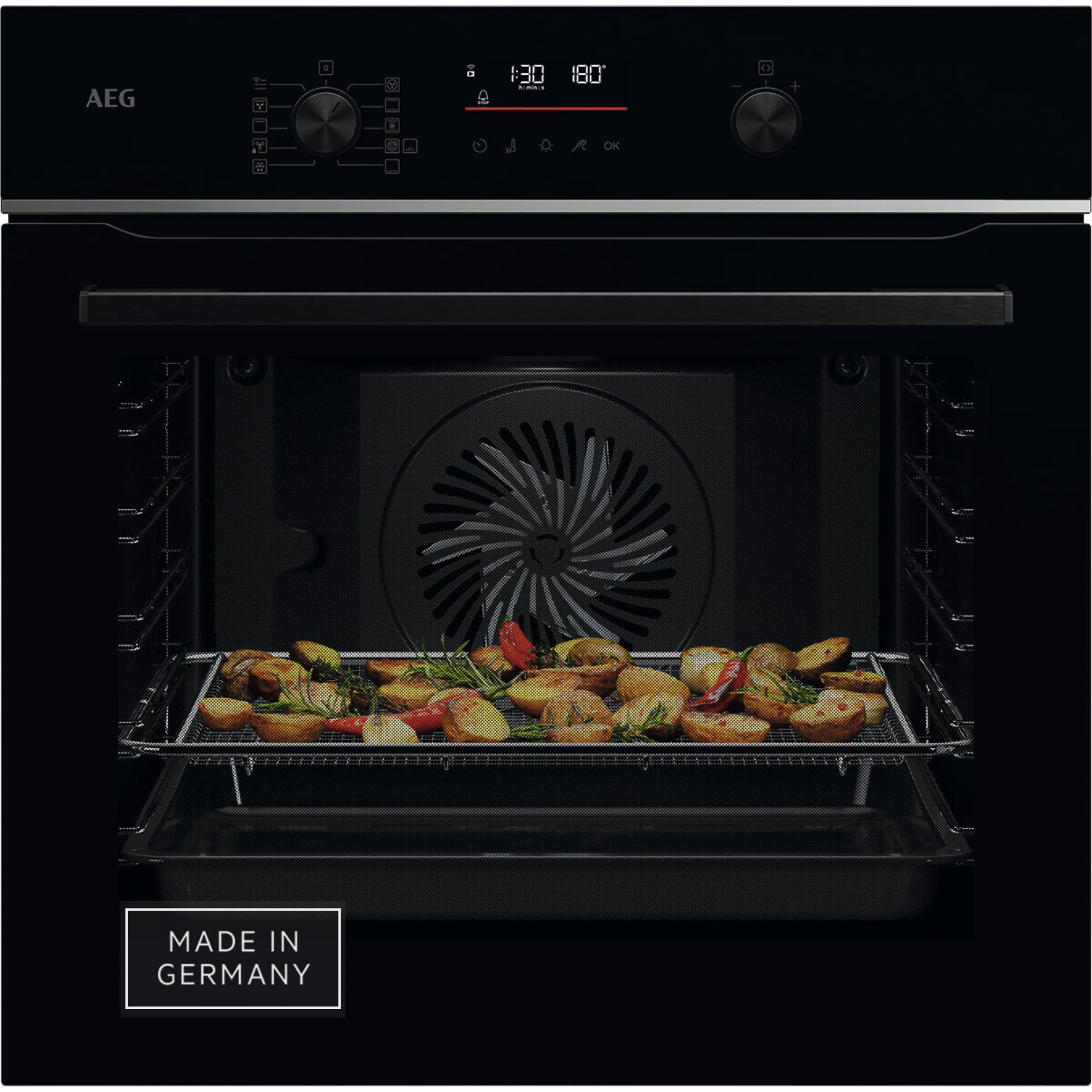 AEG Wifi Einbaubackofen, Serie 6 LED-Touchdisplay, Made in Germany, Pyrolyse Selbstreinigung, Kerntemperatursensor: Für Punktgenaues Garen, AirFry, 45 Automatikprogramme, Schwarz, TS6PB50WAB