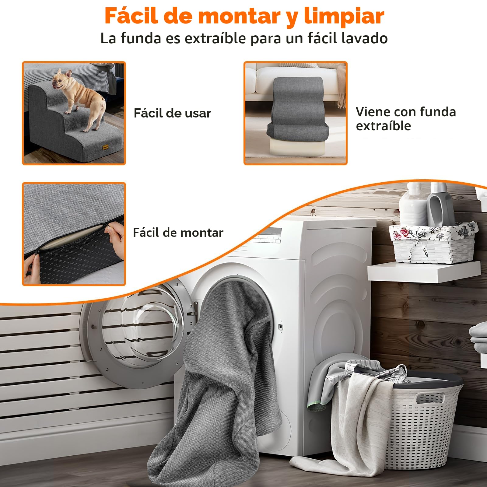 Gimars Escalera para Perros con Espuma 30D, 3 escalones estables de 40 cm, Funda Lavable, Base Antideslizante, rampa para Perros pequeña, Escalera Perro para Cama, sofá, Coche