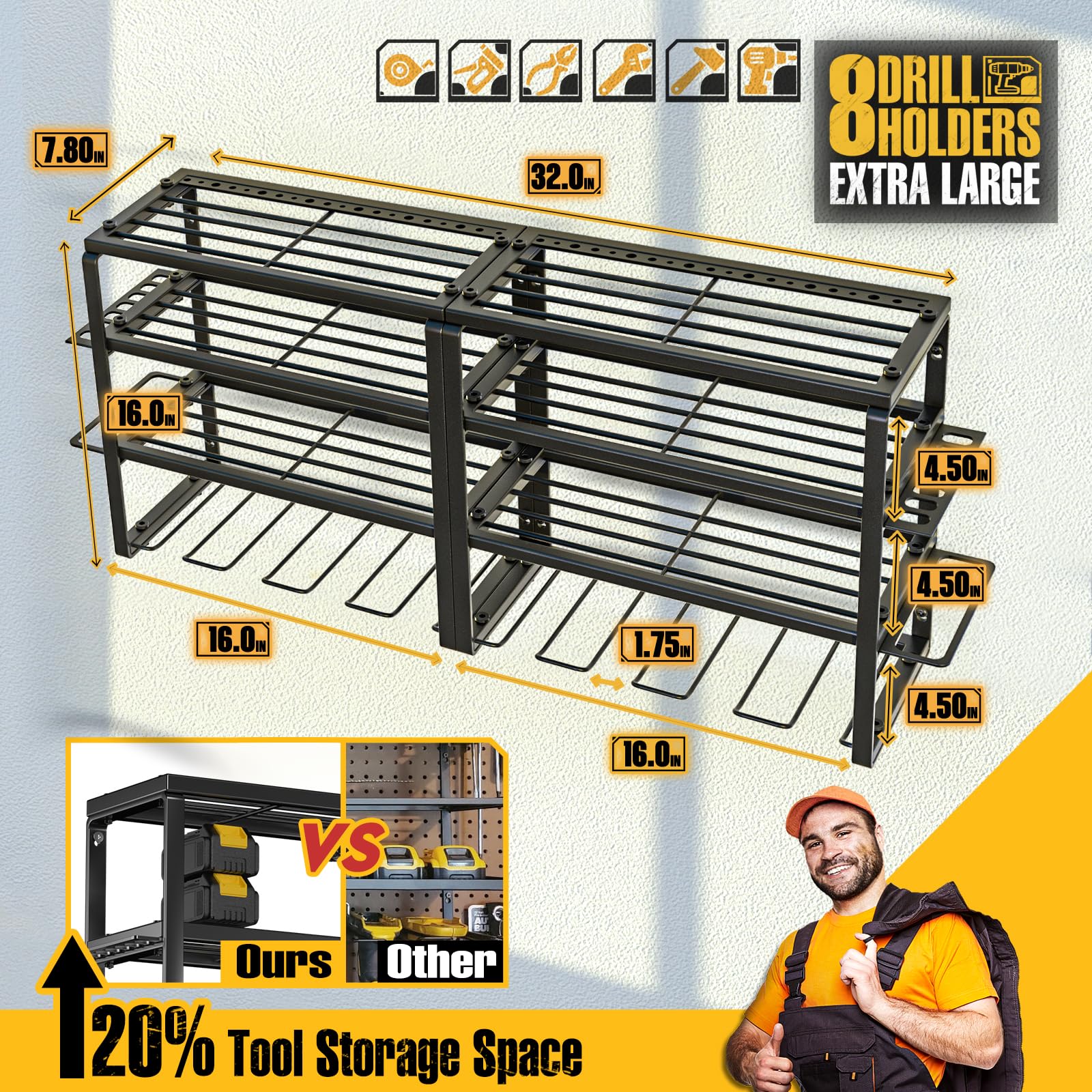 Spampur Organizador de herramientas eléctricas, soporte de pared, capacidad de 420 libras, soporte de taladro de 4 niveles y 8 ranuras con montaje rápido en 15 minutos, ideal para garaje, taller