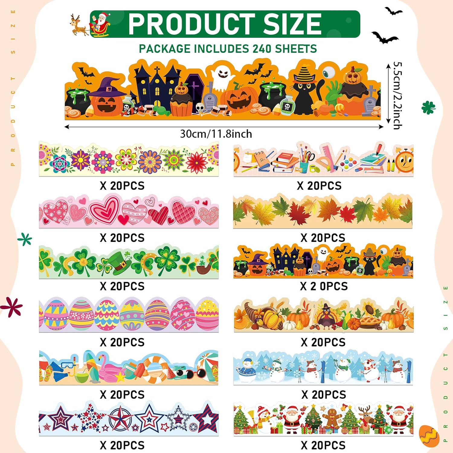 240 Pcs 236ft Holiday Bulletin Board Borders Colorful Rainbow Scalloped Border Trim Bulk Bulletin Decor for Classroom Back to School Decor(Cute)
