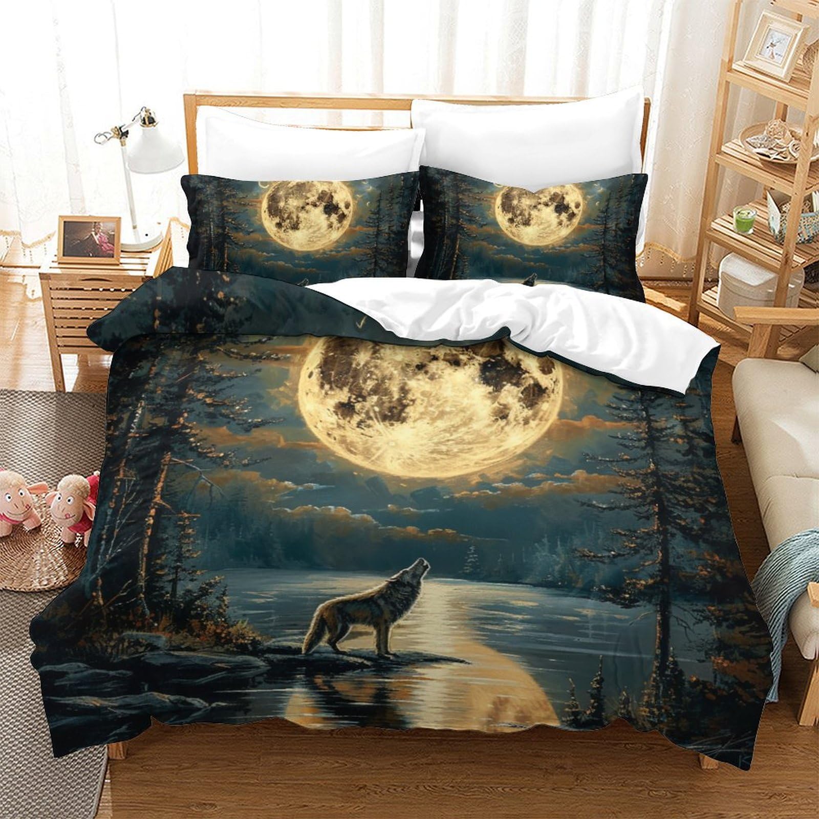 Parure de lit loup 3D en microfibre avec housse de couette double 200x200cm et taies