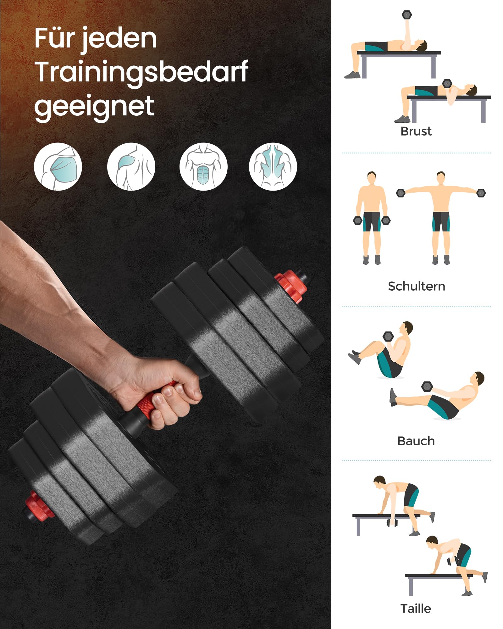 SONGMICS Hantelset, Hanteln mit Verbindungsstange, Hexagon, Kurzhantelset, 10 kg, 20 kg, 30 kg, 40 kg, für Workout, Fitnesstraining, Gewichtheben für Zuhause, Fitnessstudio