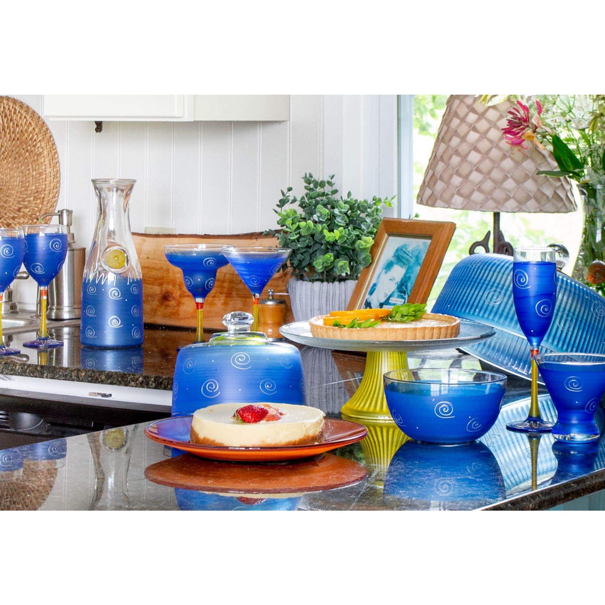 Set of 2 Dark Blue & White Hand Painted Margarita Drinking Glasses - 12 Ounces