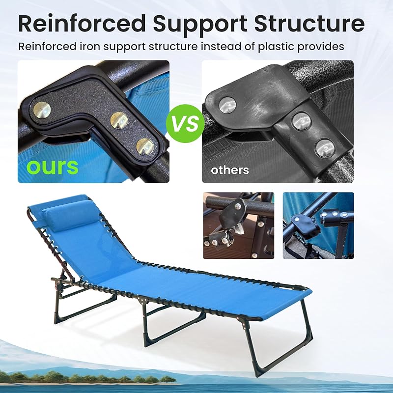SUNW 2 Pack 400lbs Adjustable Folding Chaise Lounge, Lay Flat Recliner with Pillow & Side Pocket for Patio Pool Camping (Blue) image 6