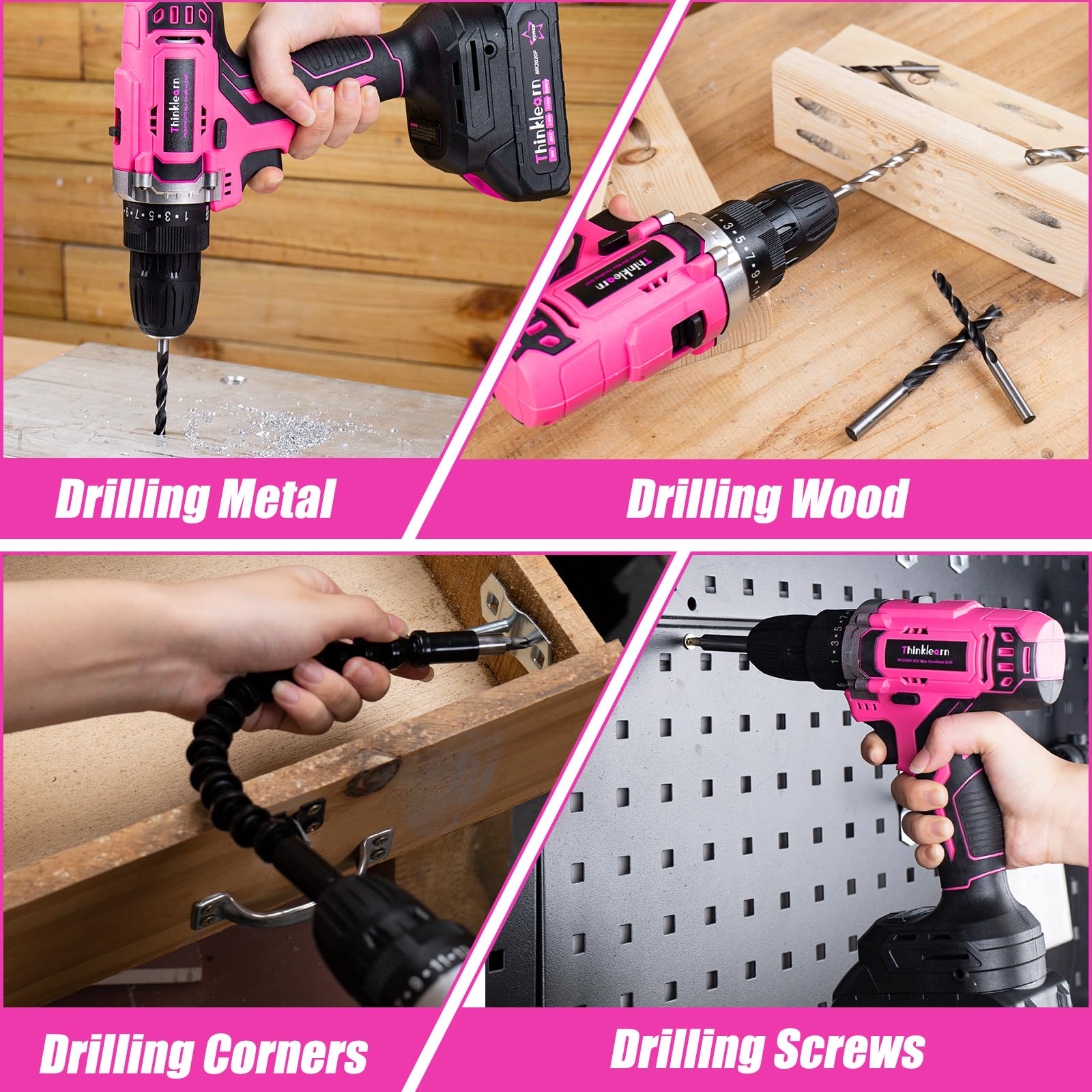 Set trapano senza fili rosa da 20 V, kit trapano elettrico/driver con spazzola per trapano, set di punte, mandrino senza chiave da 3/8", 2 velocità variabili, impostazione coppia 25+1, batteria e