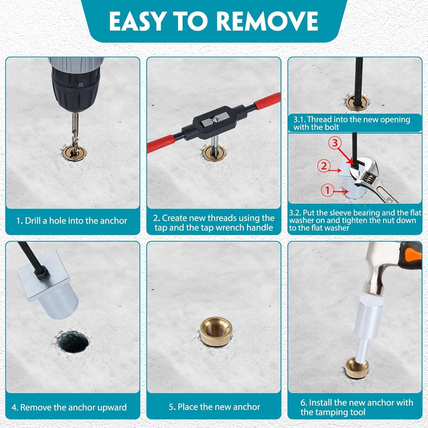 One-Stop Pool Anchor Removal Tool Kit with 5 PCS Brass Pool Cover Anchors for Lock Inground Pool Cover, Anchor Replacement Tool Kit, Removal and Reinstall Anchors Tool Kit with Storage Box