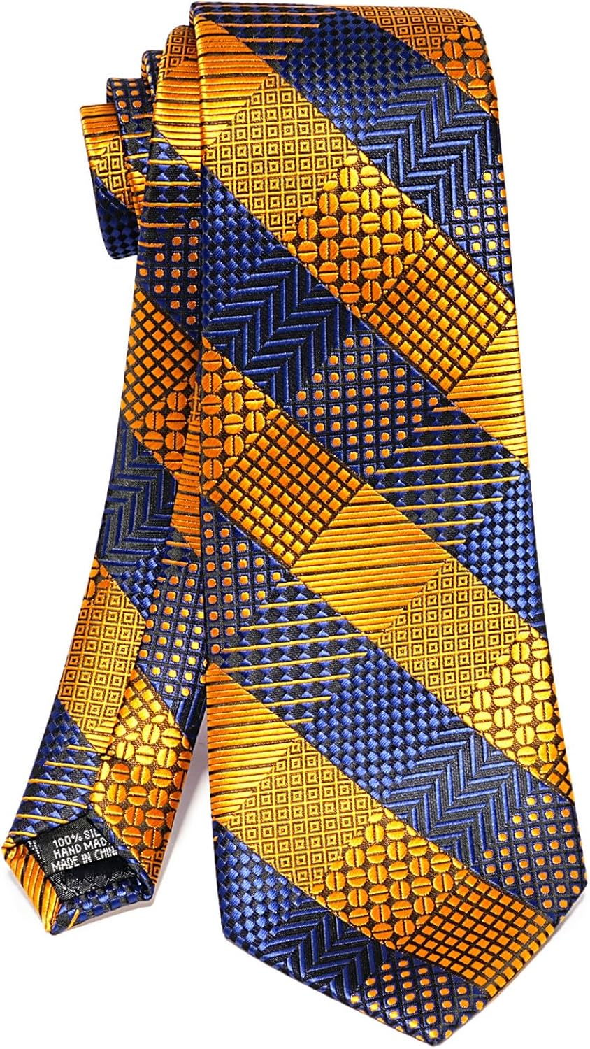 5PCS Tie and Pocket Square for Men, Silk Necktie and Handkerchief Cufflinks with Gold Ring and Lapel Pin Set - Image 4