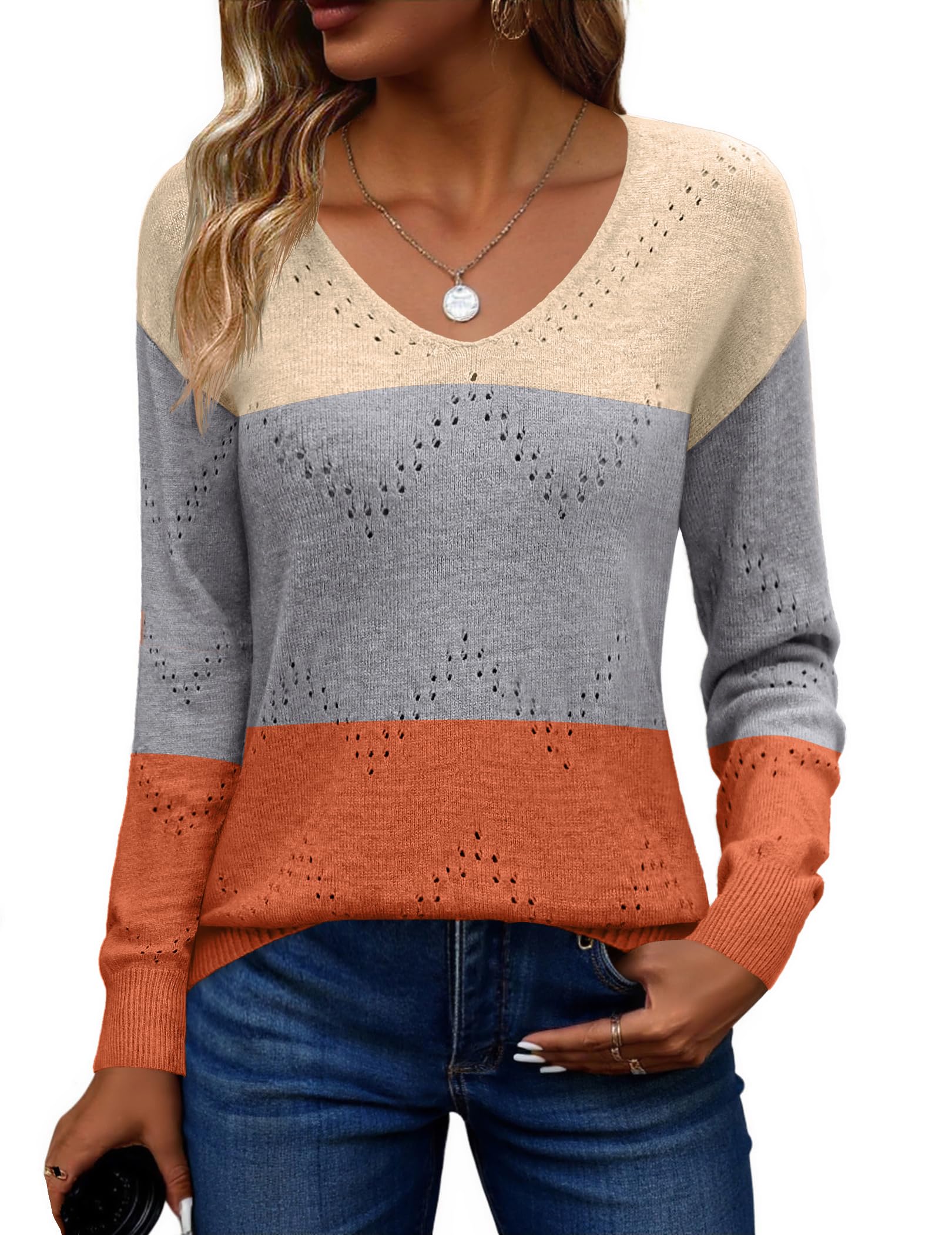 Womens Sweaters Fall Trendy Casual Long Sleeve Shirt Lightweight V Neck Off Shoulder Crochet Pullover Top Outfit