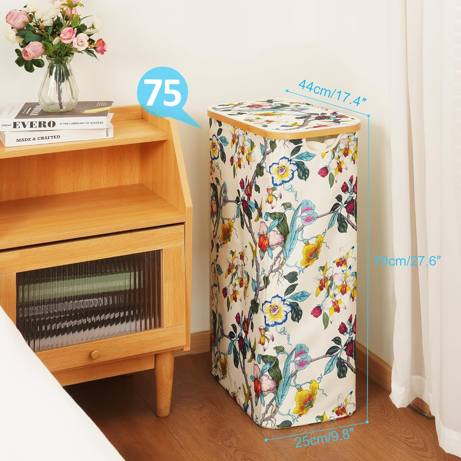 efluky Slim Laundry Basket with Lid, Narrow Laundry Hamper with Removable Bag, Skinny Dirty Clothes Basket with Bamboo Handles for Bathroom, Bedroom & Laundry Room, 65L Beige