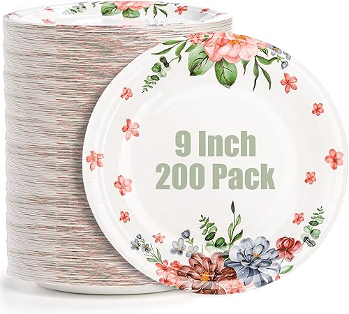 yarlung Paquete de 200 platos de papel desechables de 9 pulgadas, platos de papel de cena resistentes, platos de ensalada a prueba de remojo para