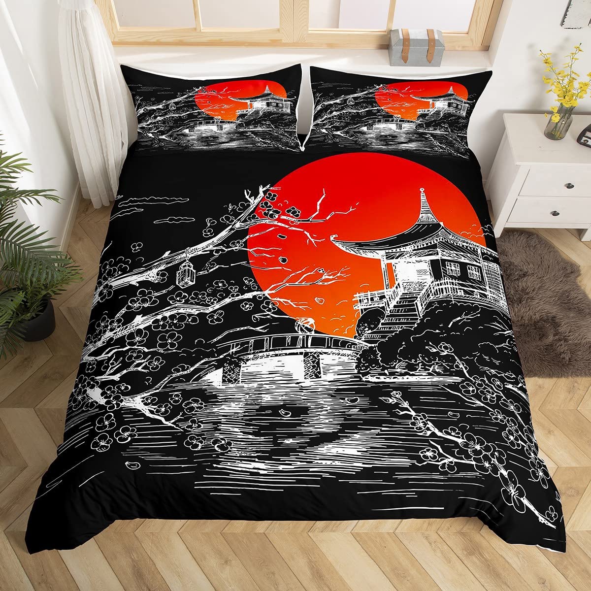 Cherry Blossoms Comforter Cover, Japanese-Style Duvet Cover Full Size, Bridge Red Sun Bedding Set Sketch Illustration Landscape Quilt Cover for Teens Adult Women Room Decor, Black