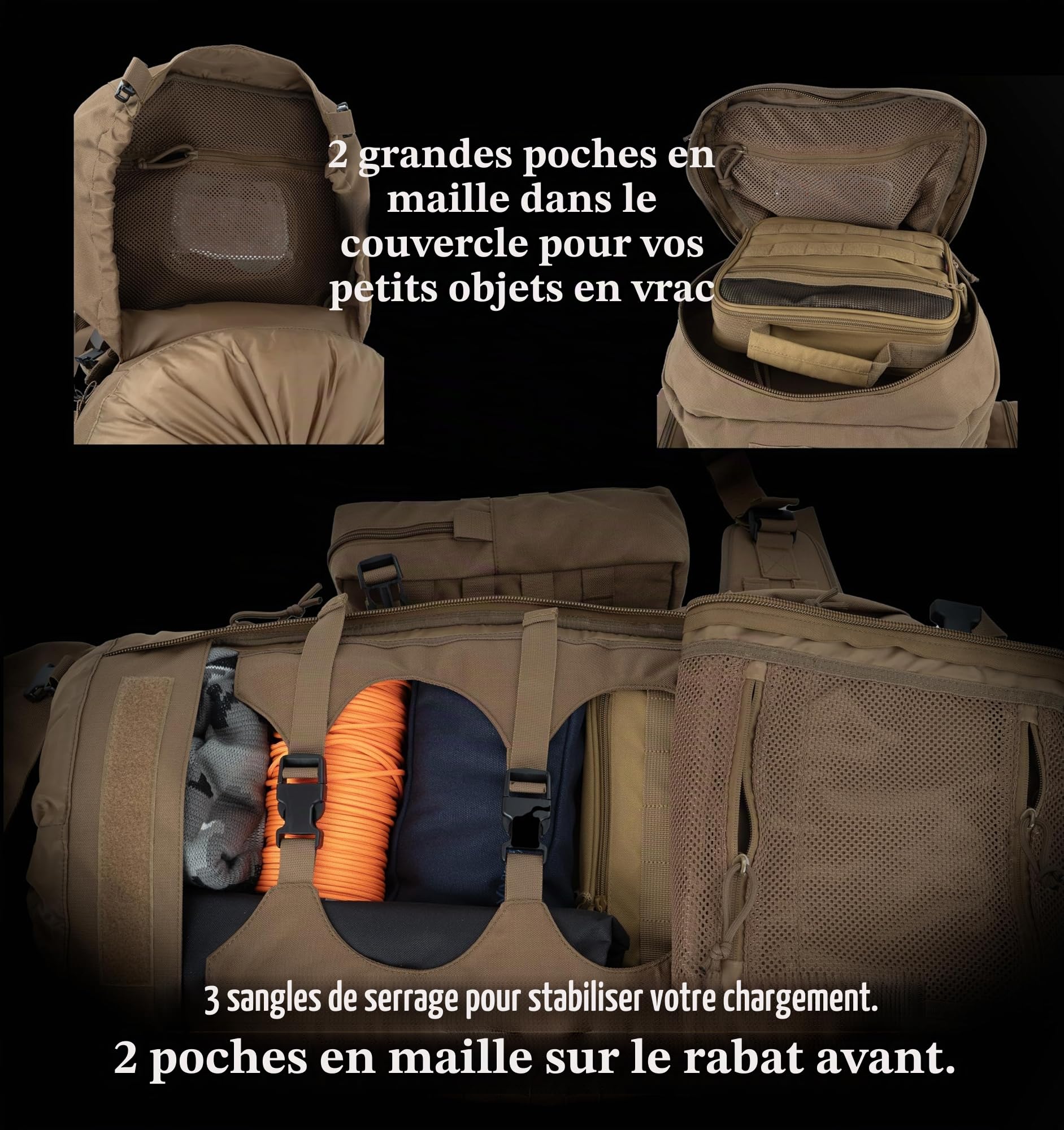 Sac à dos tactique de 75 l avec cadre interne, MOLLE et système d'hydratation pour le camping, la chasse, la randonnée, l'aventure sauvage