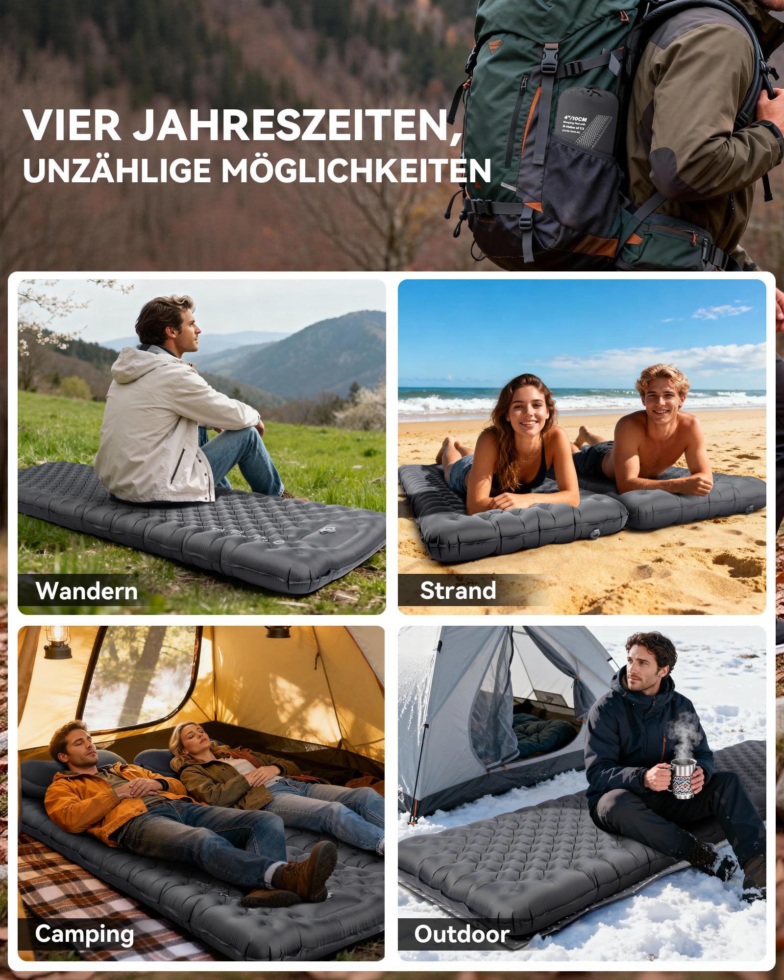 HIKENTURE Isomatte Camping R Value 7,3 z pompką nożną, 10 cm, bardzo gruba izolująca mata do leżenia 210 x 64 cm, ciepła mata do spania, materac dmuchany, mały rozmiar opakowania na 4 pory roku, na