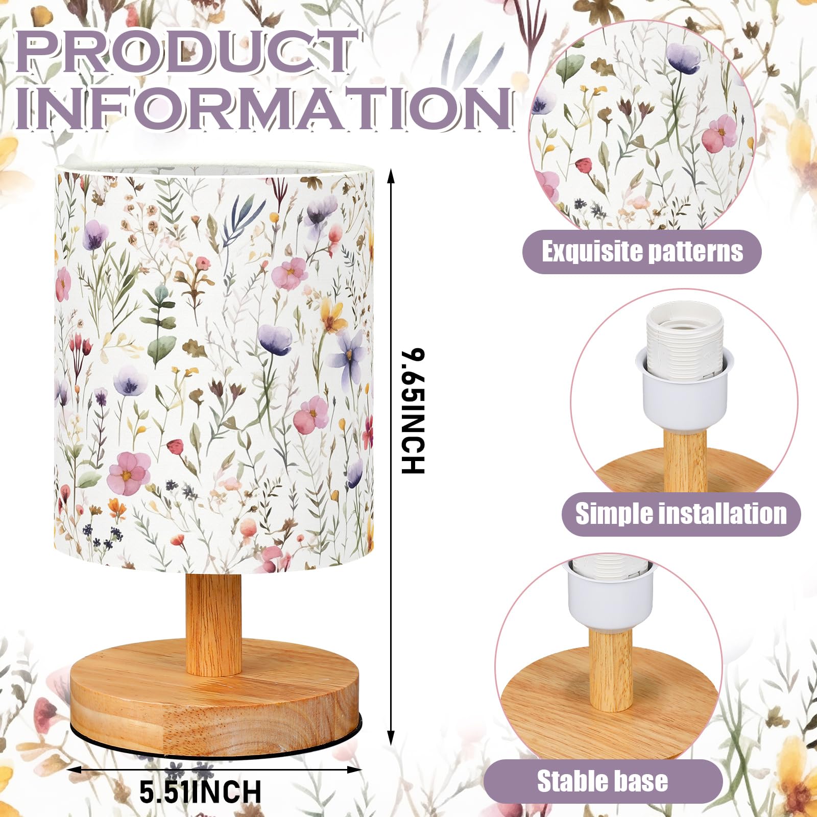 VIHOSE Wildflower dziecięca lampa stołowa do sypialni dzieci lampka nocna z lnianą drewnianą szafką nocną kreskówka przedszkole abażur dla dziewcząt chłopców salon