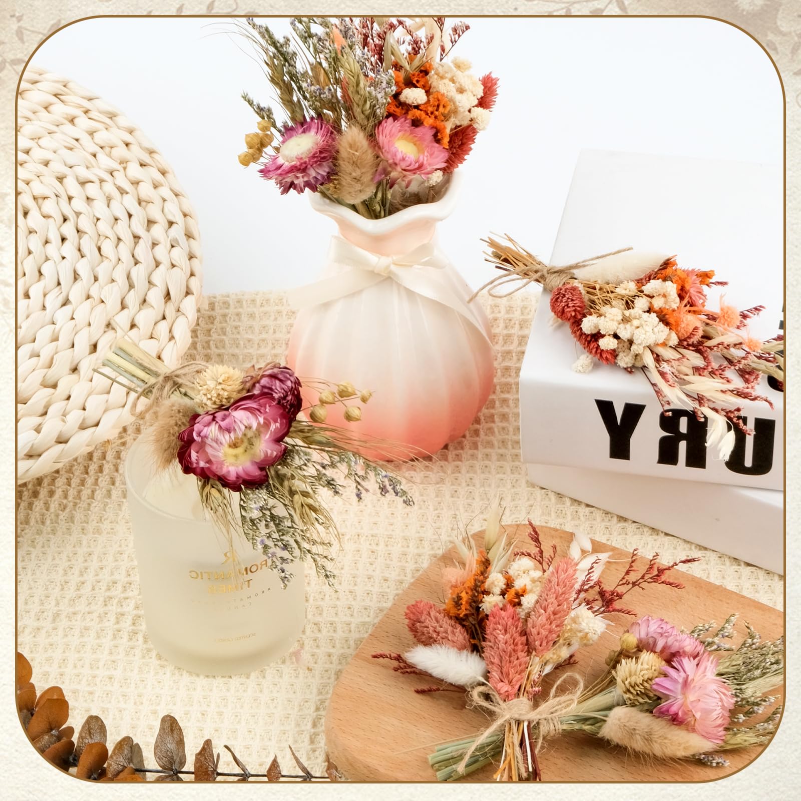 6 Bündel Mini Boho Trockenblumenstrauß Klein Trockenblumen Blumen Natürliche Getrocknete Blumenstrauss für Boho Deko Bilderrahmen DIY Handwerk, Hochzeitsdeko & Party