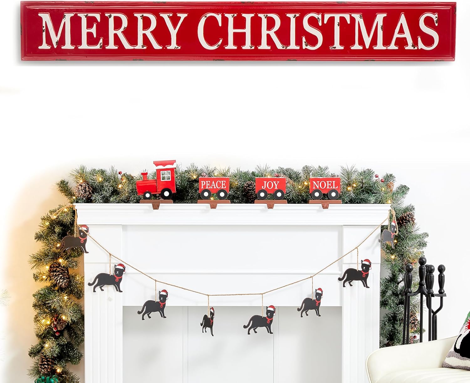 Glitzhome 46" L Merry Christmas Wall Art Decor Farmhouse Rustic Enameled Metal Cristmas Hanging Wall Plaques Signs Christmas Vintage Red Hang Signs for Fireplace Door Window Holiday Decorations Merry Christmas Signs