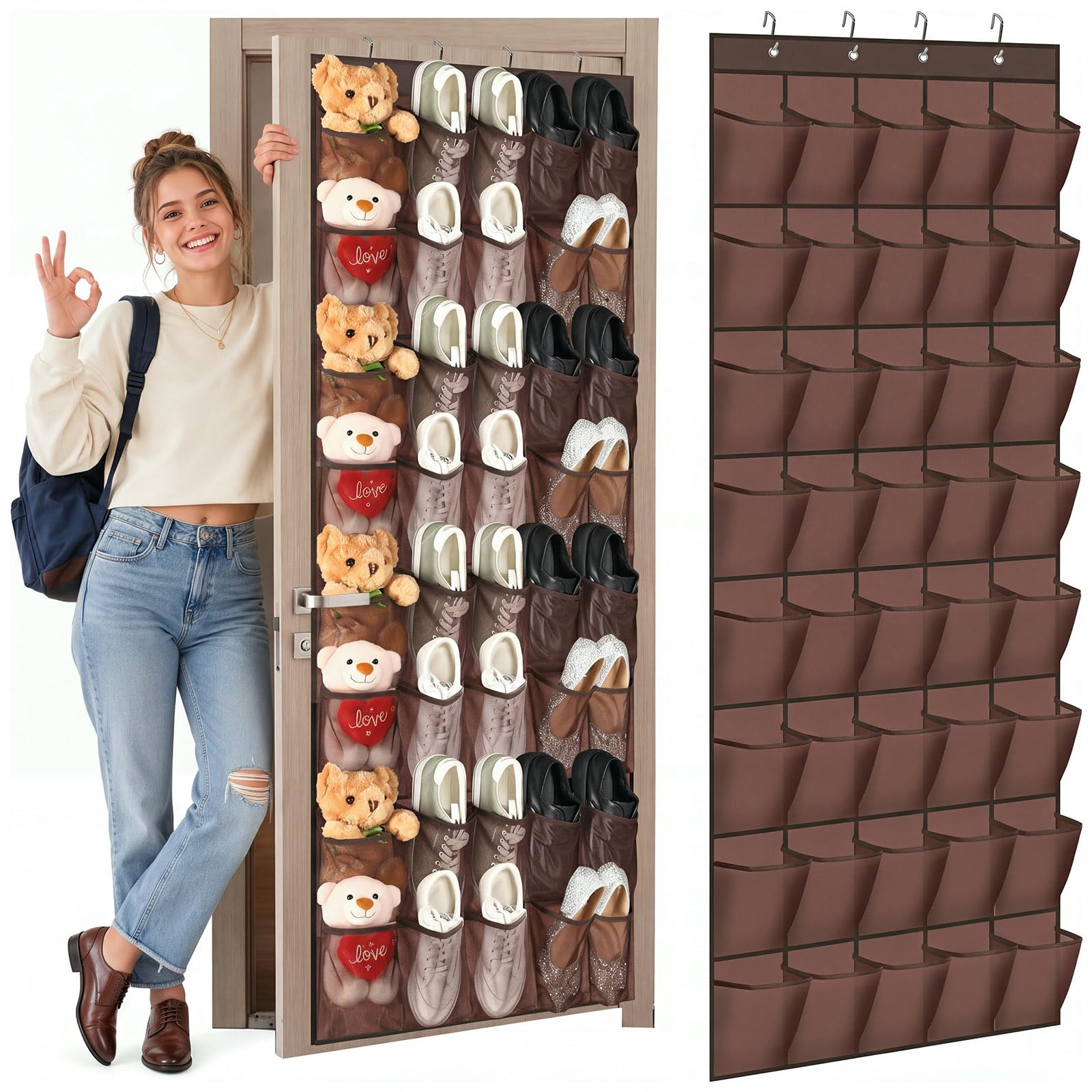Windyun 1 Pcs 40 Pocket Over the Door Shoe Organizer Hang,Brown