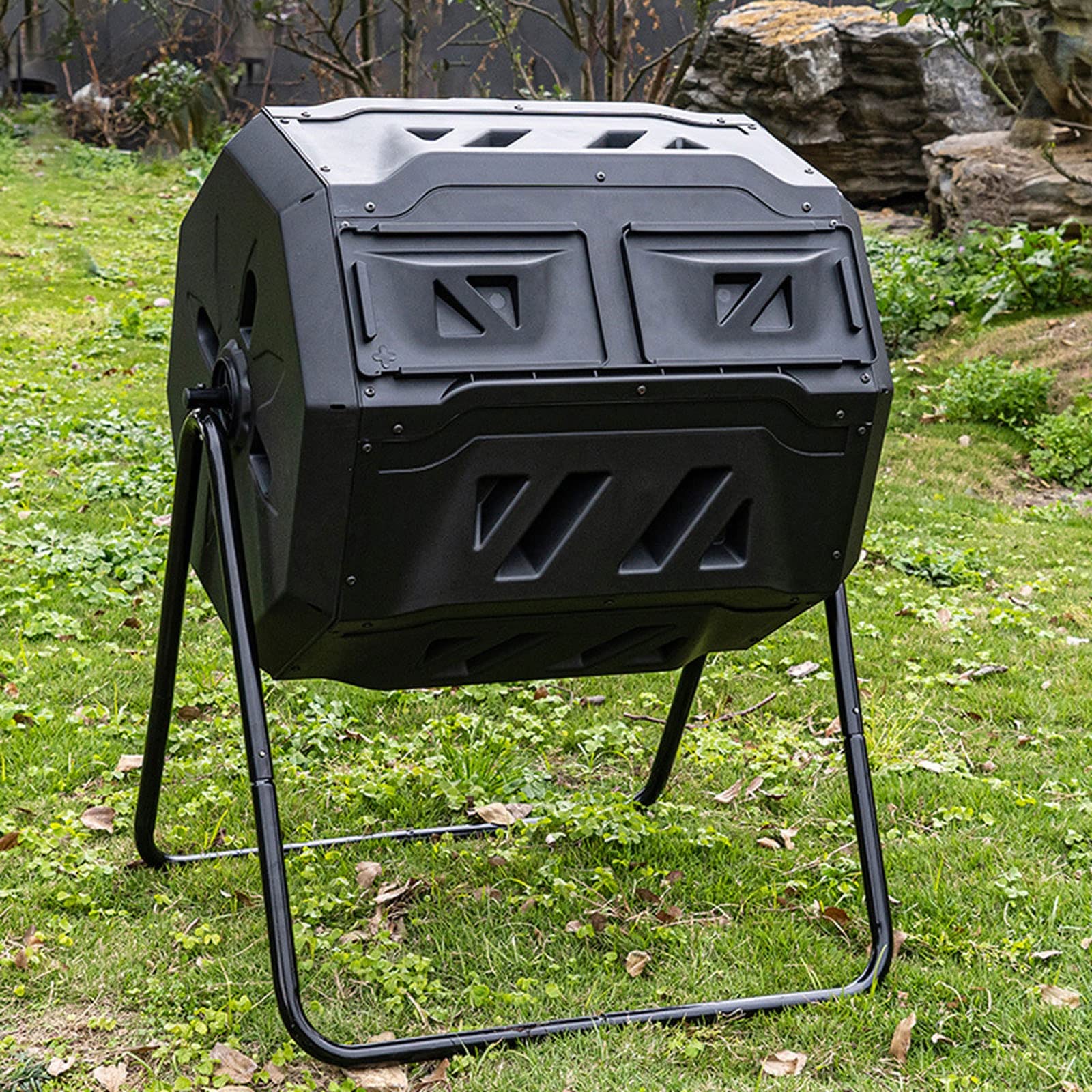 Kompostownik do ogrodu, Zewnętrzny dwukomorowy kompostownik bębnowy, obrotowy pojemnik na kompost na zewnątrz do ogrodu, kuchni i odpadów ogrodowych, 160L/42 galony